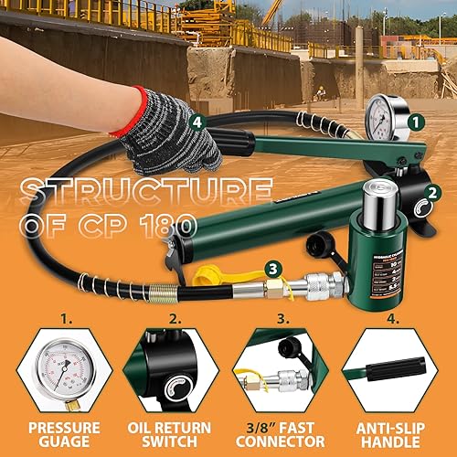 Miniatura 4 de Newhai Bomba de mano hidráulica de 10 toneladas 2" Ram Jack+cp-180 con manómetro hidráulico Porta Power Kit de 10 toneladas Cilindro corto de perfil