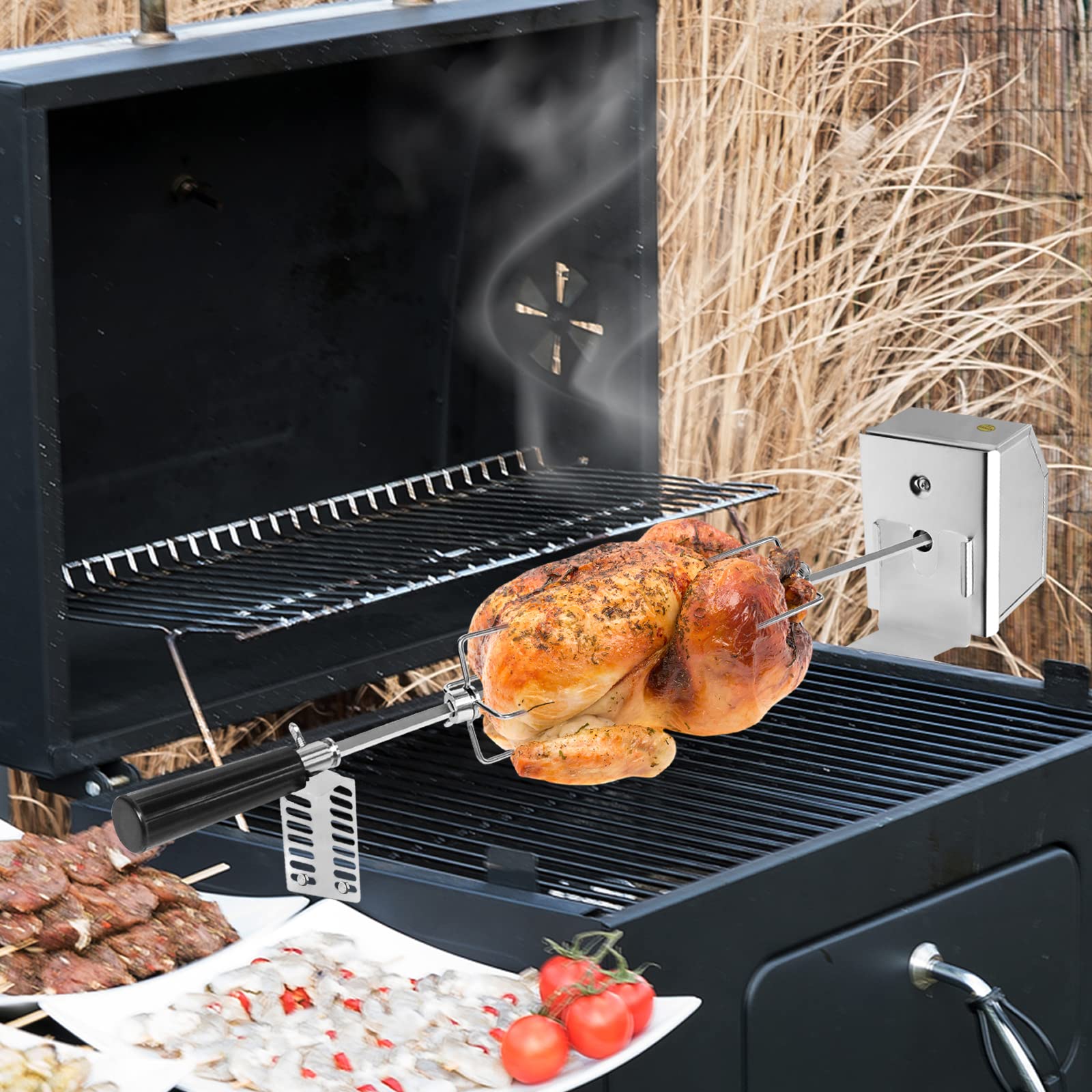 YRHome Drehspieß Grillspieß Set 107cm inkl. 4X Fleischnadeln und Edelstahl Motor 220V - 240V Elektrischer Drehspiess für BBQ Rotisserie Grillspiess Drehspiess Gasgrill