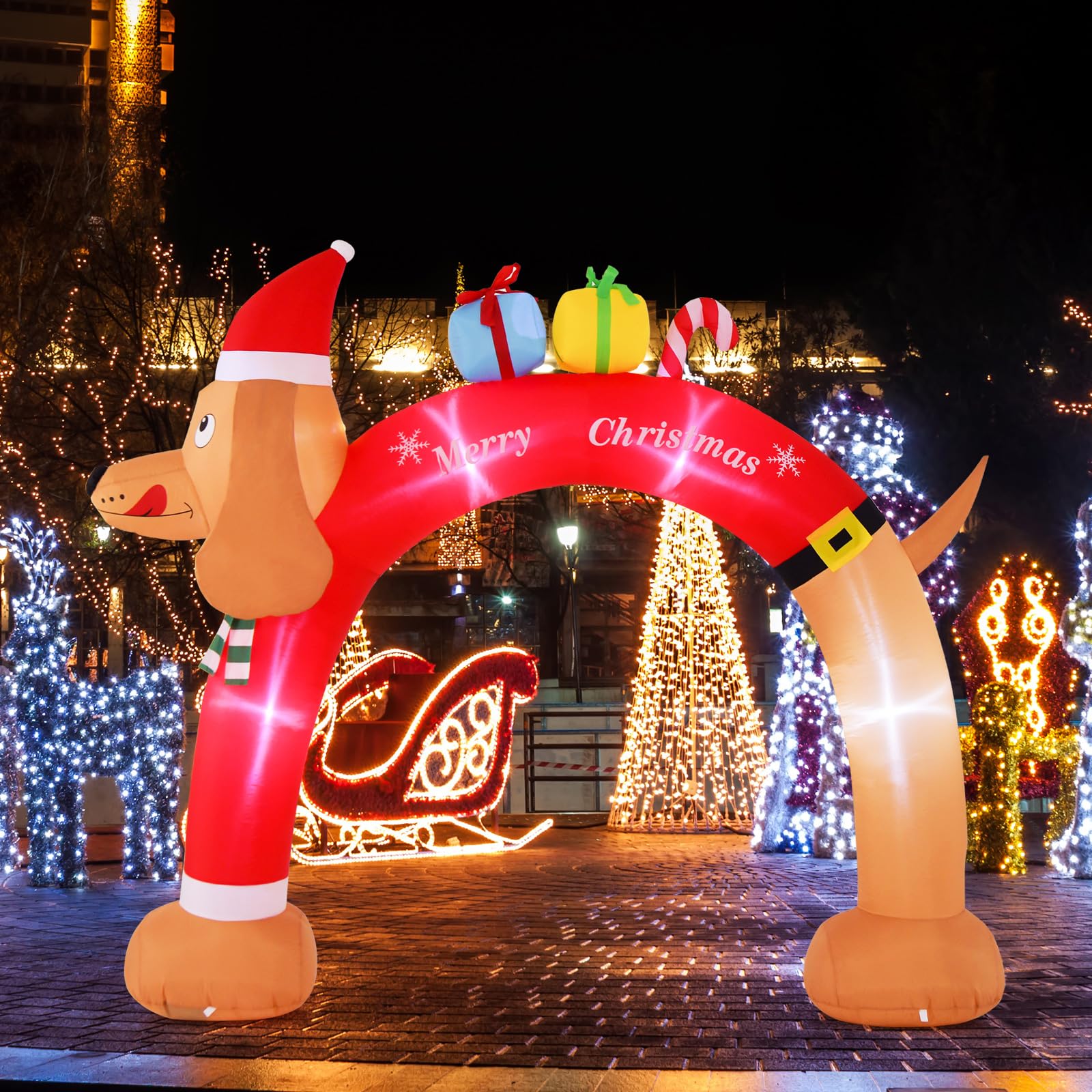 GYMAX Arche Gonflable de Noël Lumineux 242cm, Décoration de Noël Gonflable pour Extérieur Intérieur, Lumineux LED et Souffleur Intégrés, Cordes et Piquets, Décoration Festive
