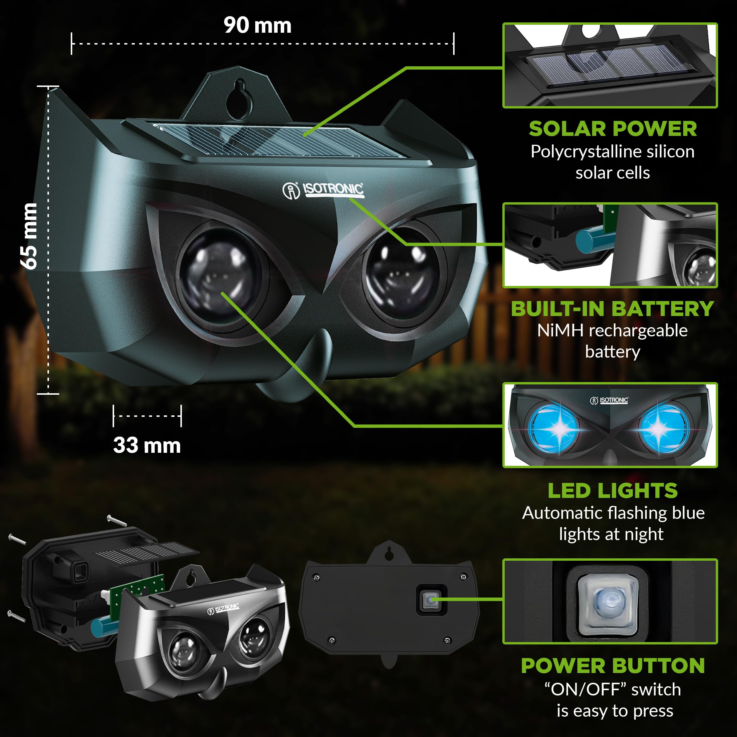 ISOTRONIC Solarny odstraszacz szopów, jeleni i lisów – Niebieskie światło LED – Skuteczna ochrona przed dziką zwierzyną – Zasięg 40 m² (4 sztuki)