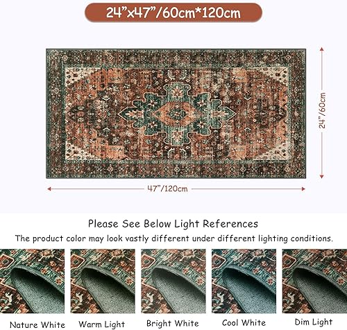 Miniatura 2 de Moynesa Alfombra de pasillo ultrafina lavable de 2 x 4 pies, antideslizante, resistente a las manchas vintage, que no se desprende, para dormitorio,