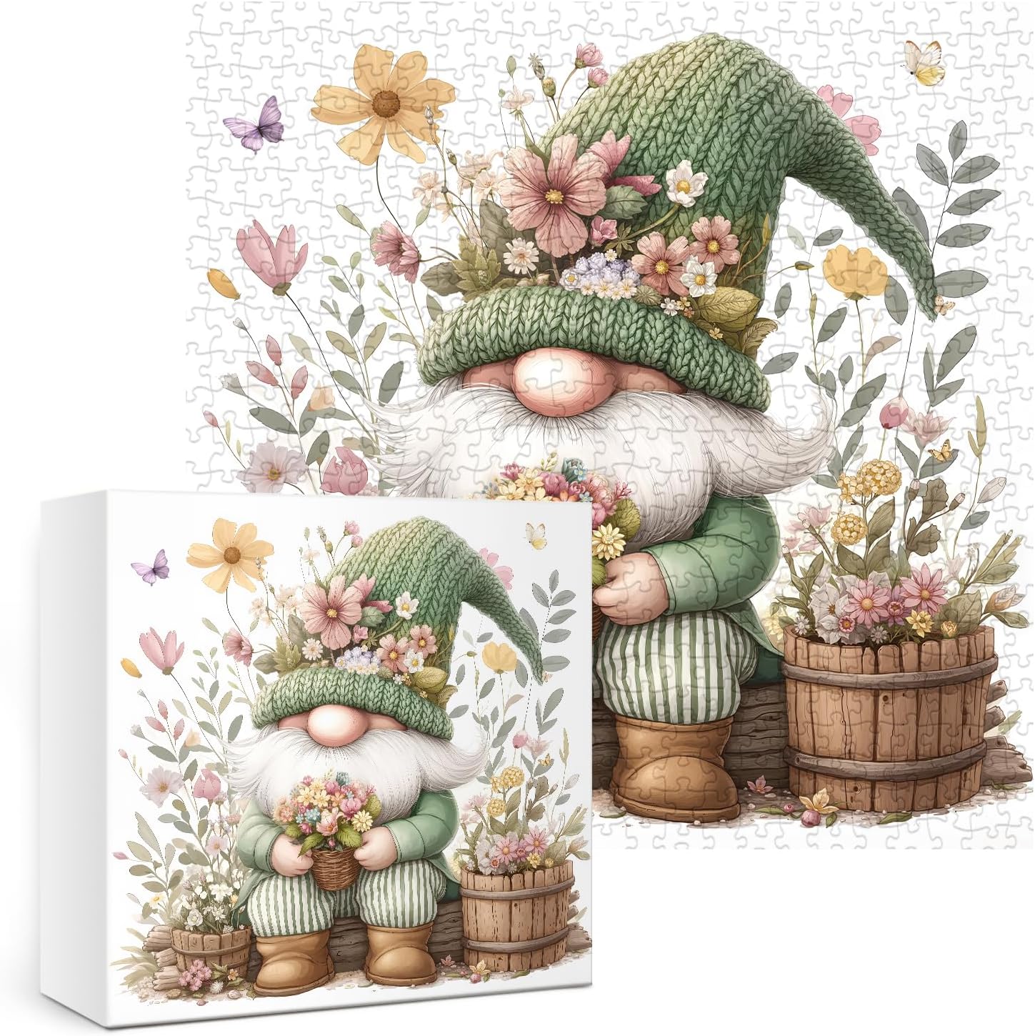 Cute Gnome Puzzles for Adults 1000 Pieces.Colorful Flower and Plant Jigsaw Puzzles. Funny Challenging Spring Garden Puzzles
