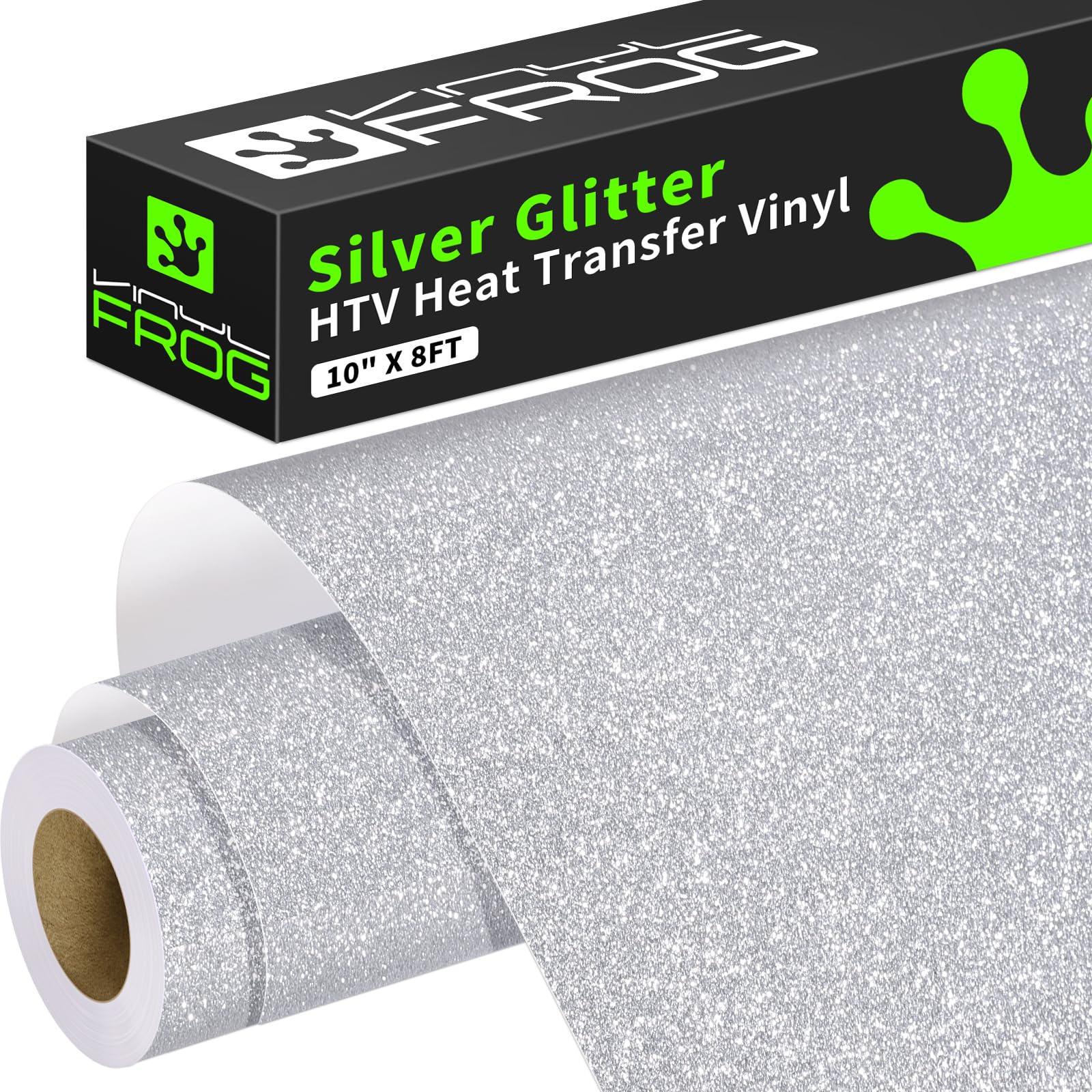 VINYL FROG Silver Glitter HTV Vinyl Roll 10'' x 8ft Silver Glitter Iron on Vinyl for All Cutting Machine Sparkly Heat Transfer Vinyl for T-Shirts &amp; DIY Craft Gifts, Easy to Cut, Weed &amp; Transfer