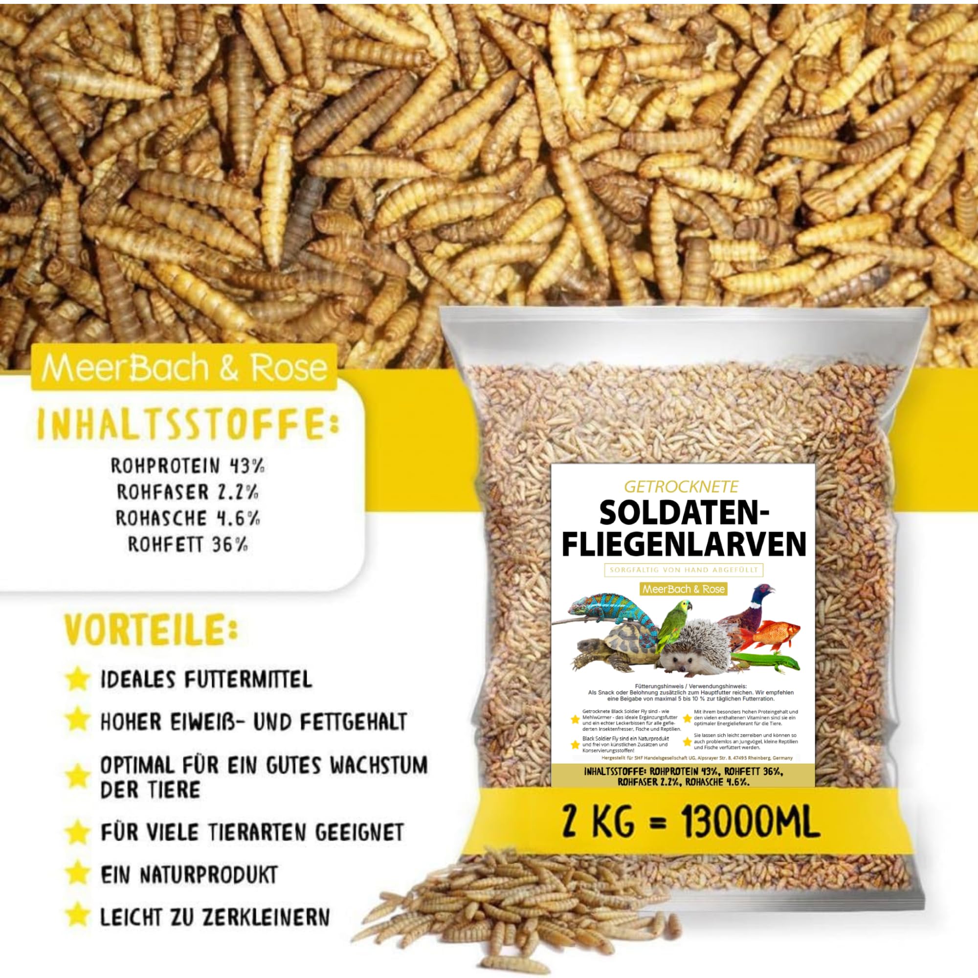 Soldatenfliegenlarven getrocknet 2kg (entspricht 13 Litern) PROTEINREICH | Ganzjähriger Insektensnack für Vögel, Fische, Schildkröten + Reptilien. MEERBACH & ROSE – Premium Qualität aus Deutschland