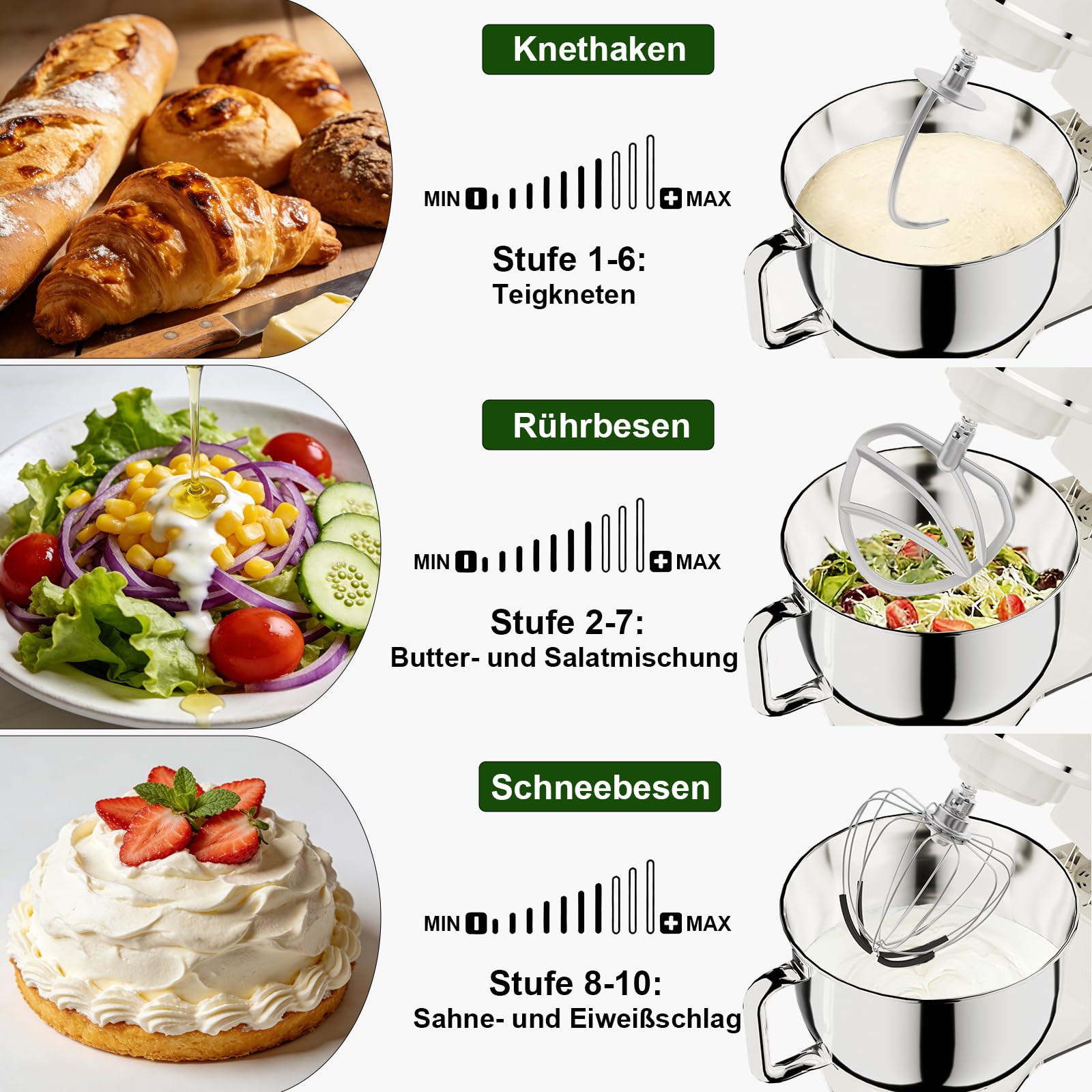 Camic Küchenmaschine - 2000W - 10 Geschwindigkeitsstufen mit Tragegriff, Edelstahl Rührschüssel (7L), Knetmaschine mit Rührhaken, Knethaken, Schlagbesen und Spritzschutz