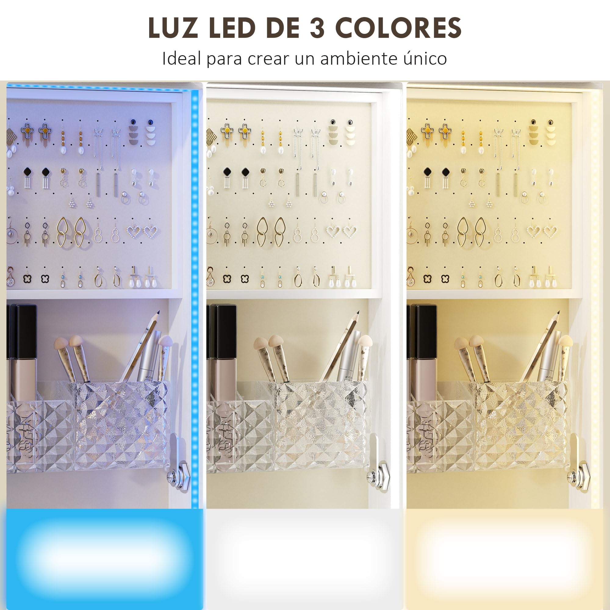 HOMCOM Espejo Joyero con Luces LED 3 Colores, Armario Joyero Giratorio 360° con Espejo sin Marco, Perchero, Cerradura con Llaves, Compartimentos, Blanco Beige