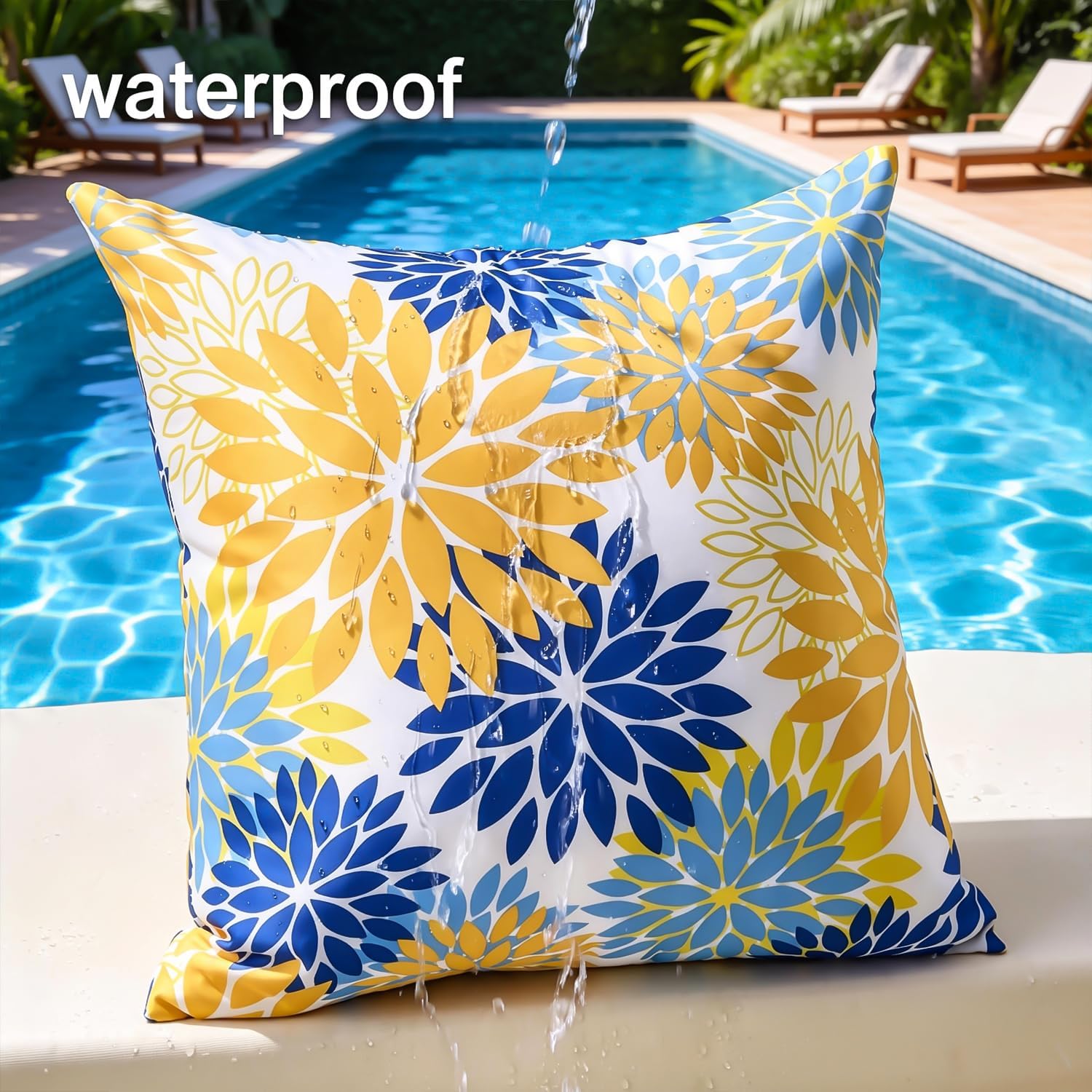 Decorative Outdoor Waterproof Throw Pillow Covers Set of 2 Dahlia Yellow and Blue Pillow Case 16x16 Inches Spring Summer Cushion Covers with Invisible Zipper for Inside and Outdoor