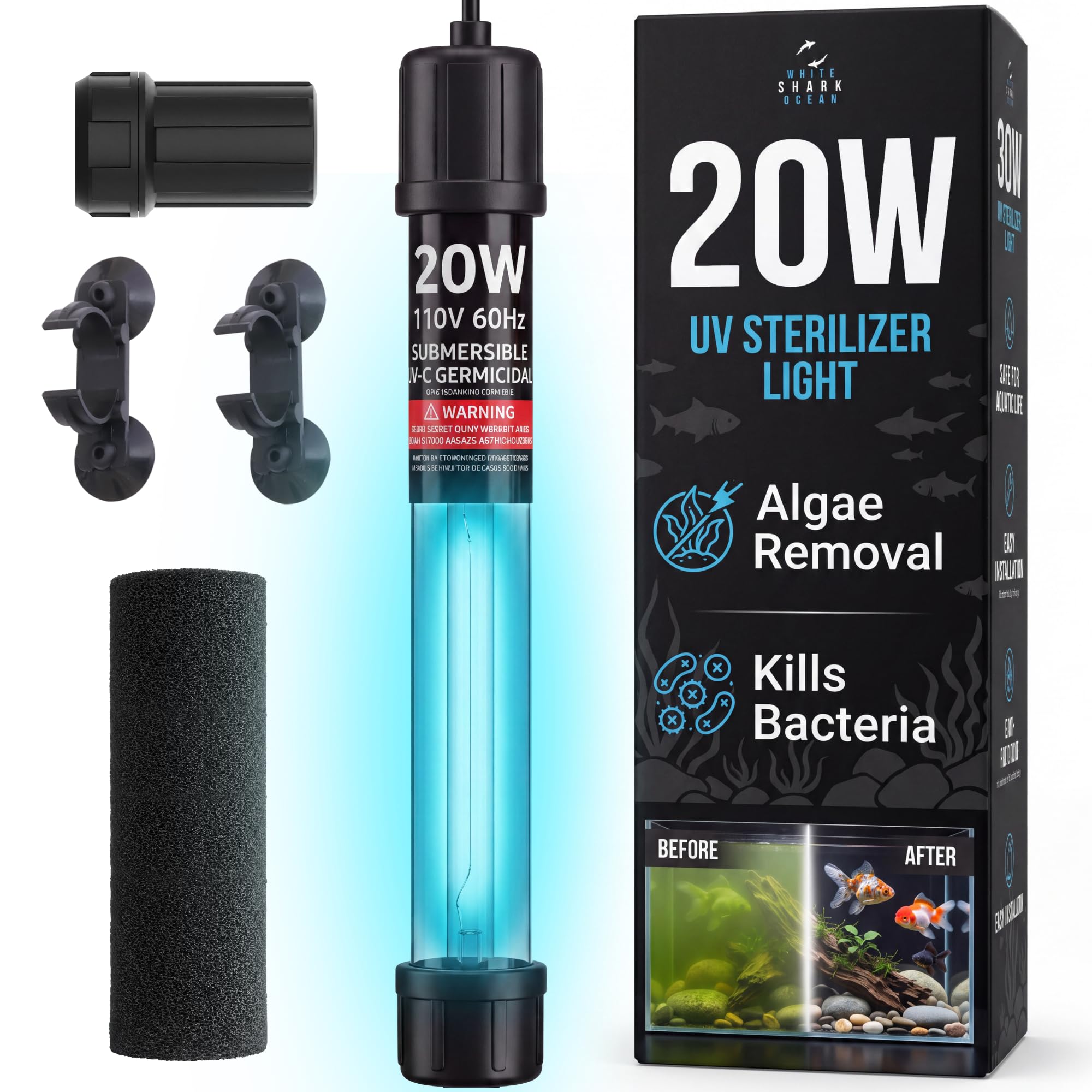20W UV Water Clarifier with 17ft Cable for 100-1000 Gallon Aquariums, Ponds &amp; Pools - Professional UV Light for Green Water Control in Koi Ponds, Fish Tanks, Spas &amp; Cold Plunge
