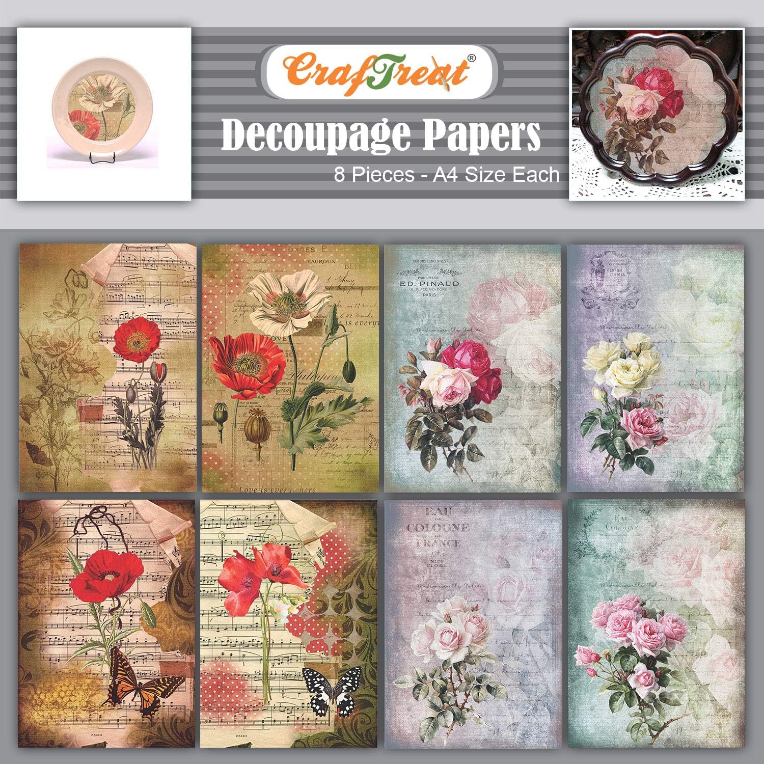 Flower Decoupage A4 Paper for Crafts and Furniture - Poppies & Roses (8pcs) - Decoupage Craft Papers for Scrapbooking, Mixed Media, Art and Craft Projects - Srapbooking & Craft supplies