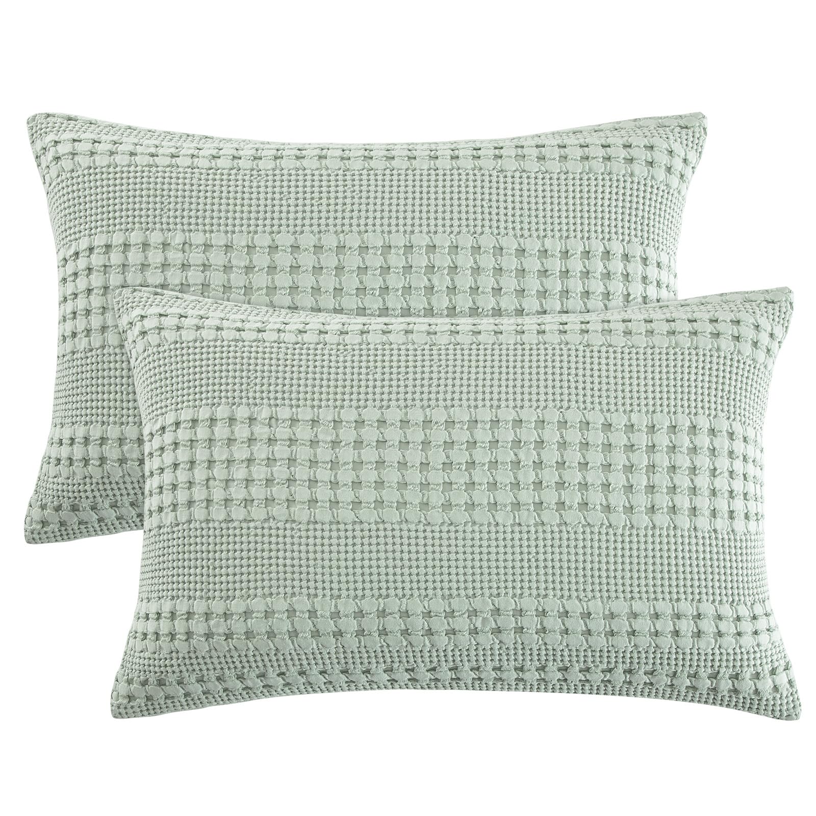 phf 100% cotton waffle pillow shams king size, 2 pack 20" x 36" soft skin-friendly pillowcases, no filling, aesthetic woven and breathable waffle weave pillow case covers for bed, mint green
