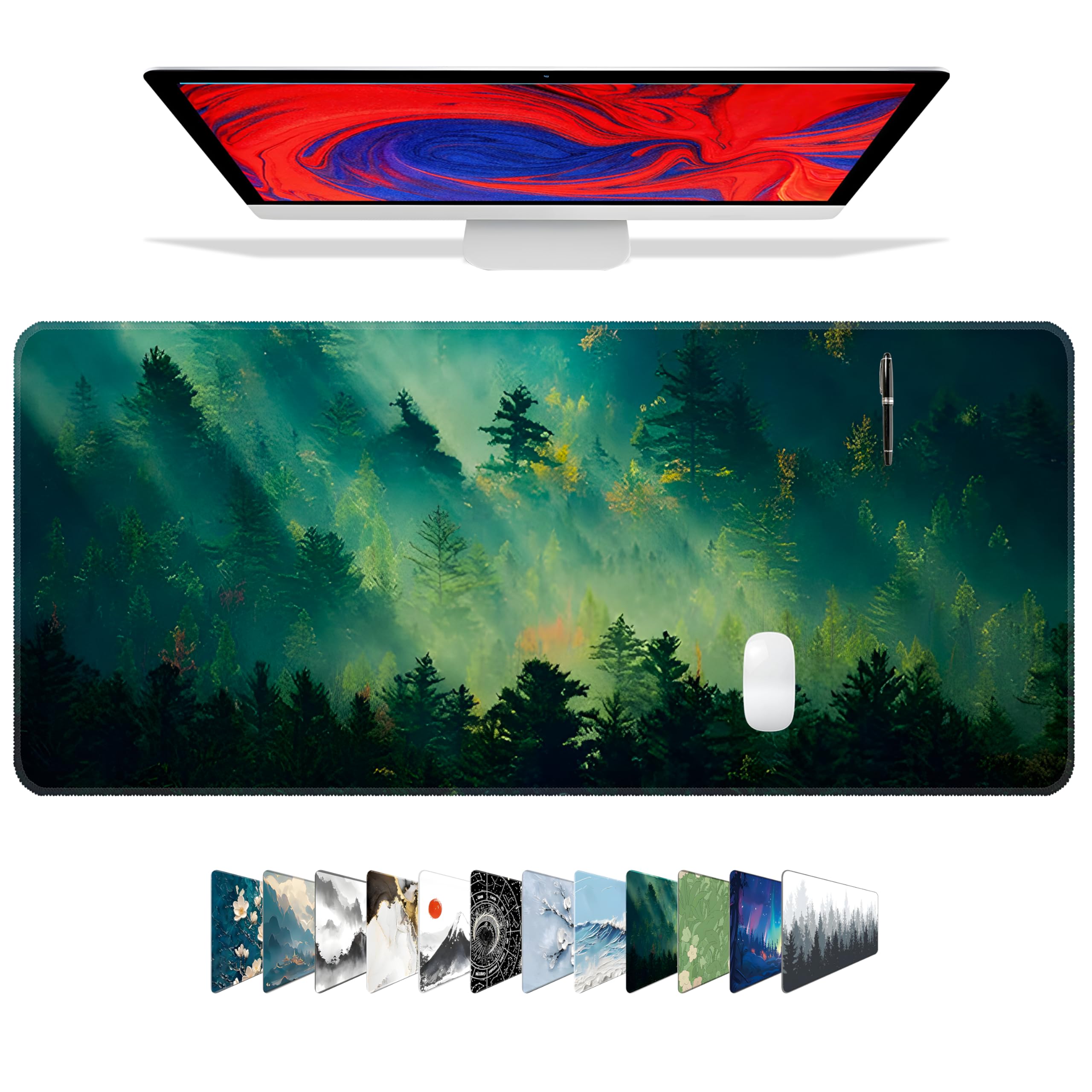 Galdas Mouse Pad,Office Desk Mat Large Gaming Keyboard Pad Durable Stitched Edges Washable Smooth Surface Control & Accuracy Extended Computer Mouse Mat (31.5X11.8In)-Green Forest…