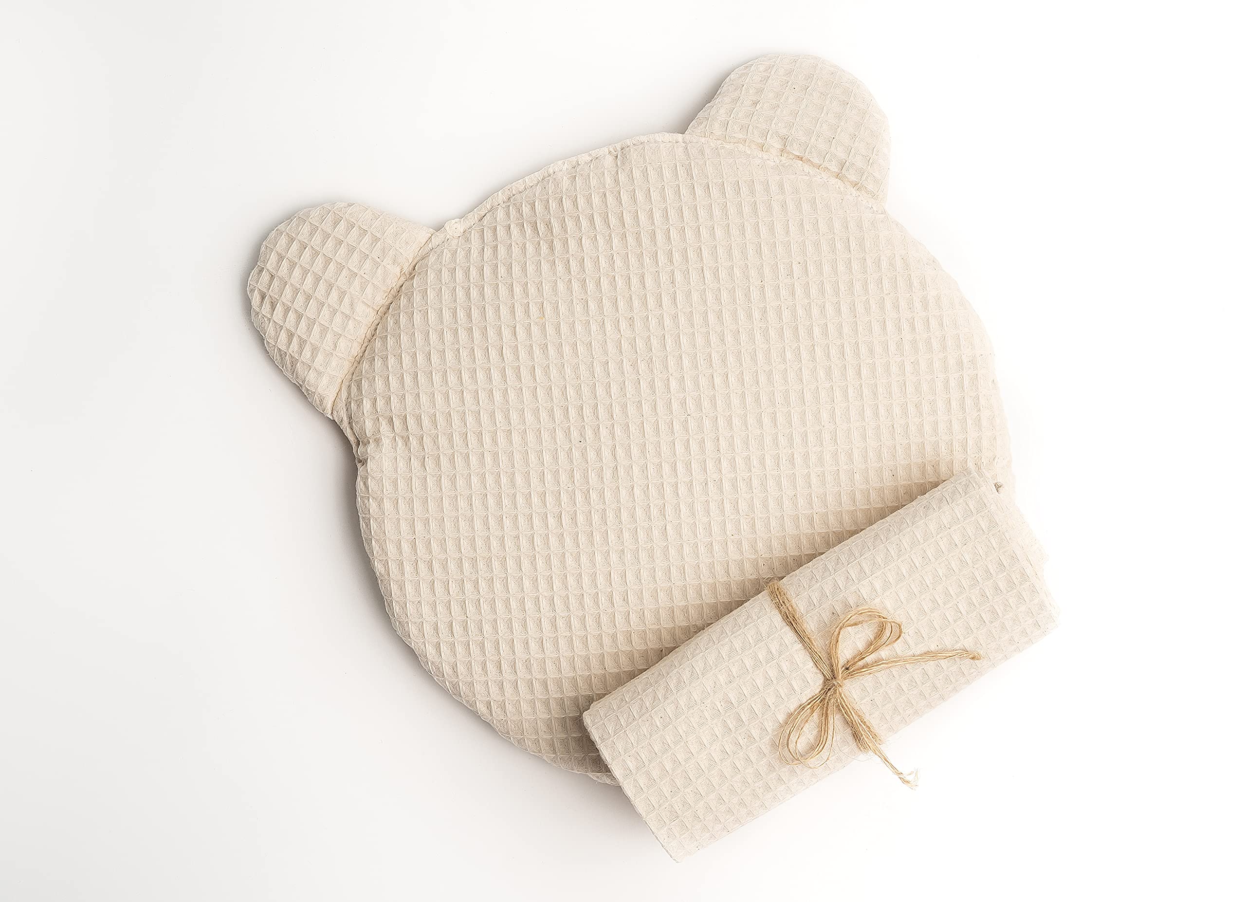 Couverture pour bébé en coton écru avec son oreiller ours doux