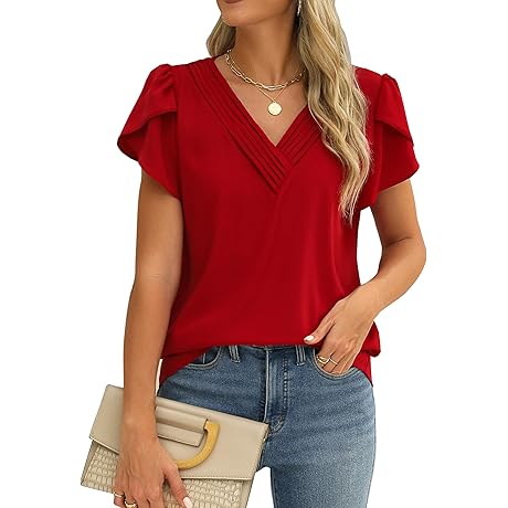 Blusas Rojas para Mujer: Tops Casuales de Fiesta con Cuello en V...