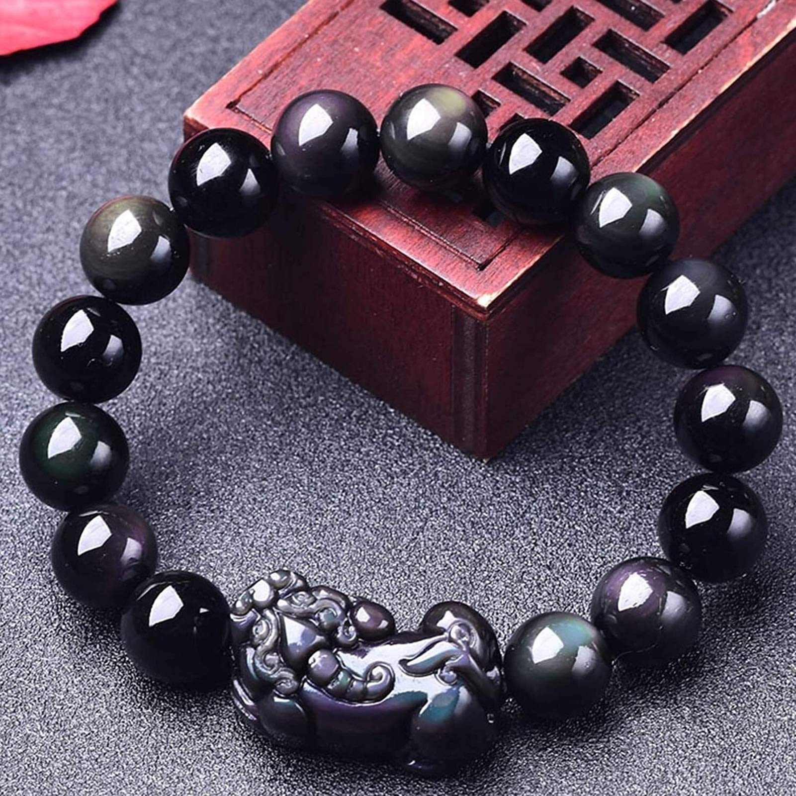 XIAOGING Natural Rainbow Eye Obsidian Pixiu/Piyao Feng Shui Bracelet Handcarved Couple Lucky Lucky Charming Black,14mm (Size : 12mm)
