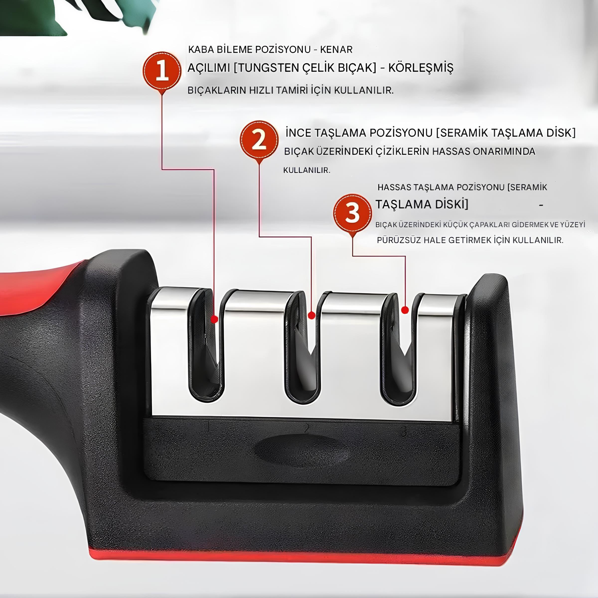Kanji 3 Fonksiyonlu Paslanmaz Çelik Bıçak Bileyici – Elmas, Tungsten ve Seramik Bileme – Şef, Mutfak, Meyve, Çakı ve Av Bıçakları İçin Ergonomik Bileme Aleti