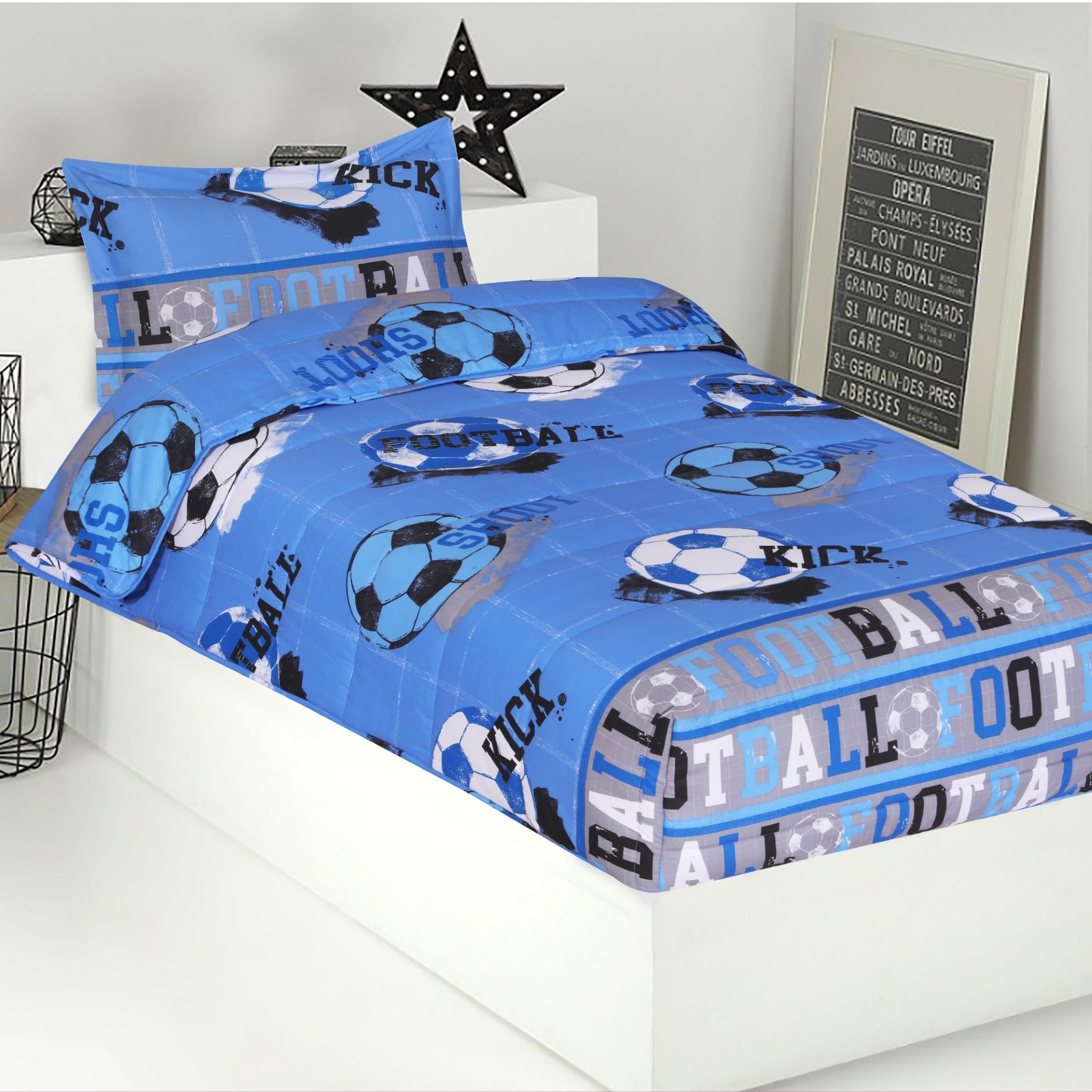 DHESTIA HOME - Edredón Ajustable Cama Infantil Fútbol Quick - Color Azul, Talla Cama 105