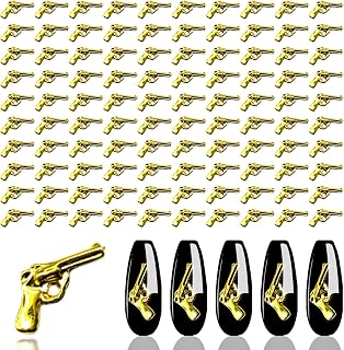 JERCLITY 100 Pieces Pistol Shape Gold Nail Charms Gun Charms 3D Nail Decoration Sticker Flat Back Pistol Alloy Nail Stickers for Nails Big Gun Punk Accessories for DIY Crafts Nail Art Decorations