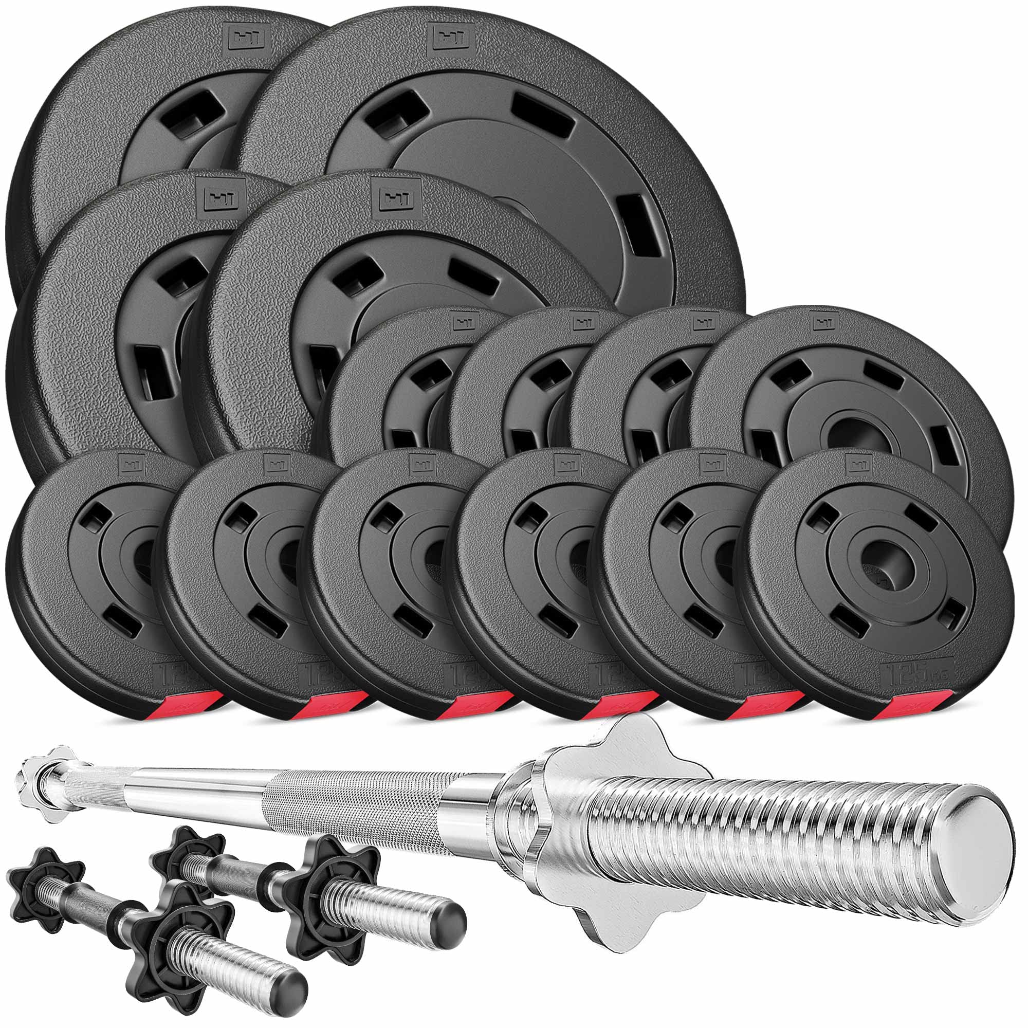 Hop-Sport Hantelset 58 kg, 1x Langhantel-Stange, 2x Kurzhanteln, Hantelscheiben 2x10kg/2x5kg/4x2,5kg/6x1,25kg