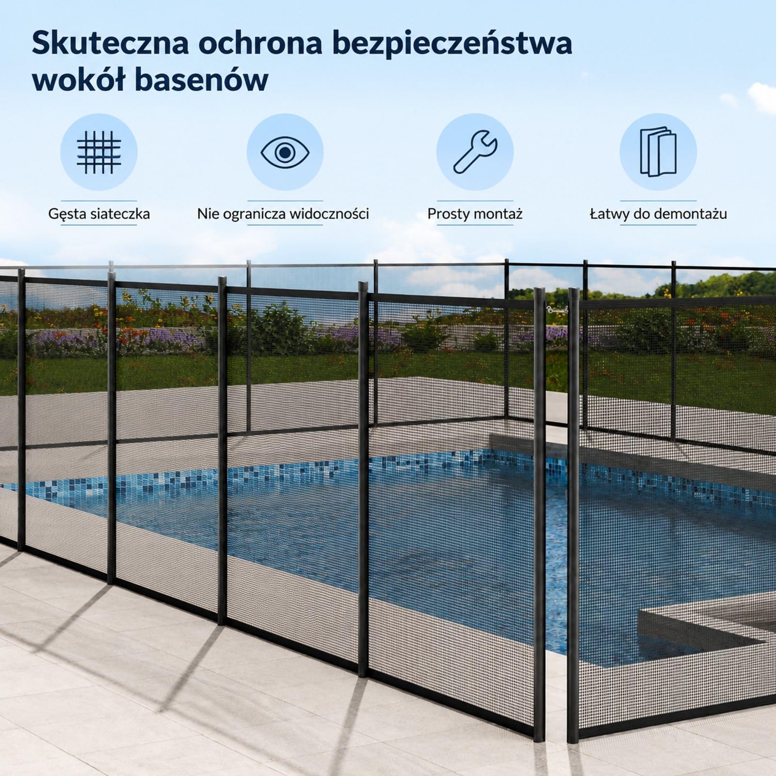 Zdejmowane ogrodzenie basenowe, siatka PVC Teslin z aluminiowymi słupkami, montaż DIY do użytku zewnętrznego w gruncie