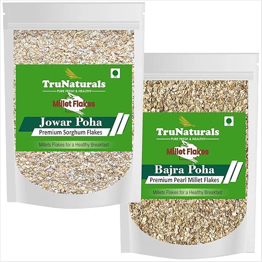 TruNaturals Jowar & Bajra Flakes Poha Combo 450g x 2 | Jowar Flakes & Bajra Flakes for Breakfast Sugar Free | Millet Flakes Poha Combo Offer | Sorghum & Pearl Millet Poha Organic, Minimally processed, Gluten Free
