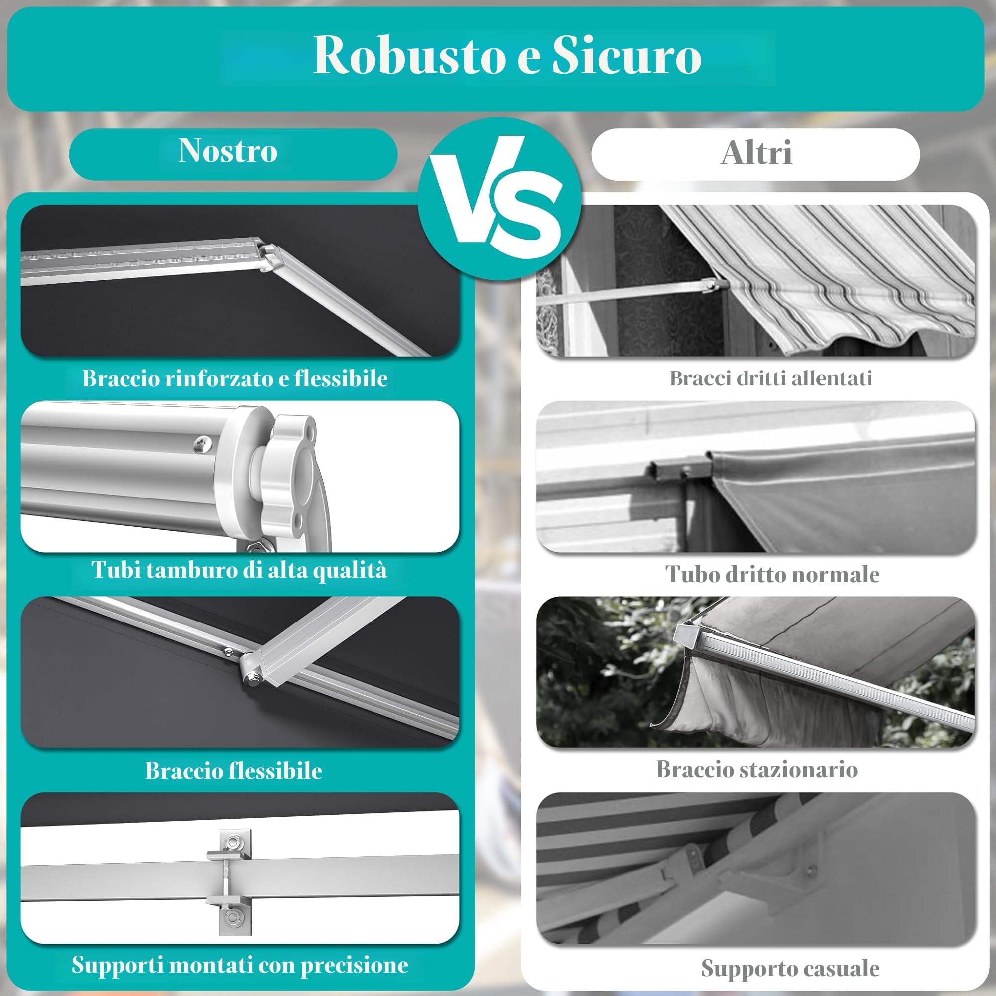 UISEBRT Tenda da sole per balcone, larghezza 300 cm, in alluminio, con braccio snodato in alluminio, protezione solare, a morsetto manuale, con manovella, impermeabile, grigio scuro (360 x 300 cm)