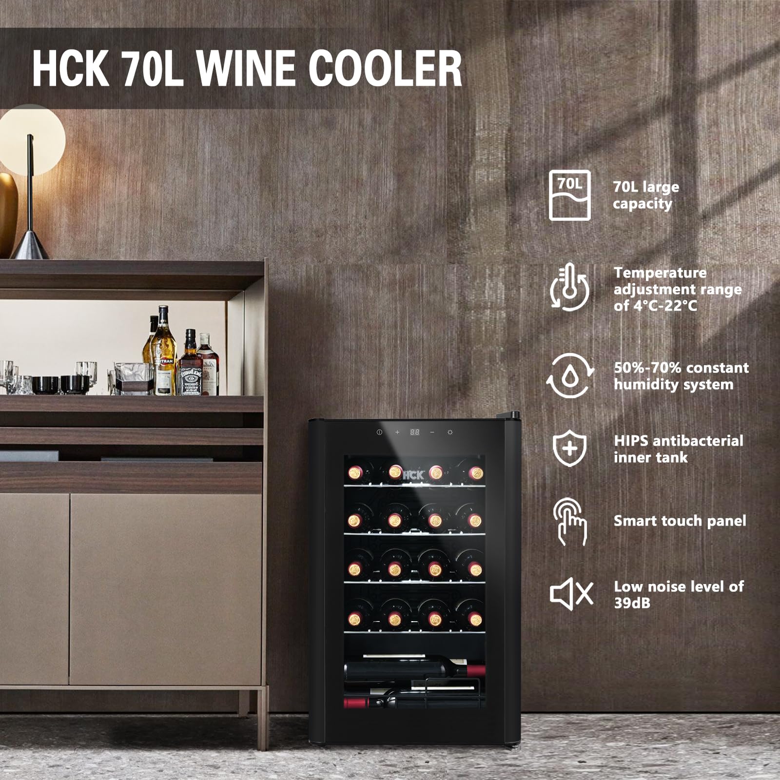 HCK 70L Weinkühlschrank für 24 Flaschen 4-22°C Glastür Schwarz