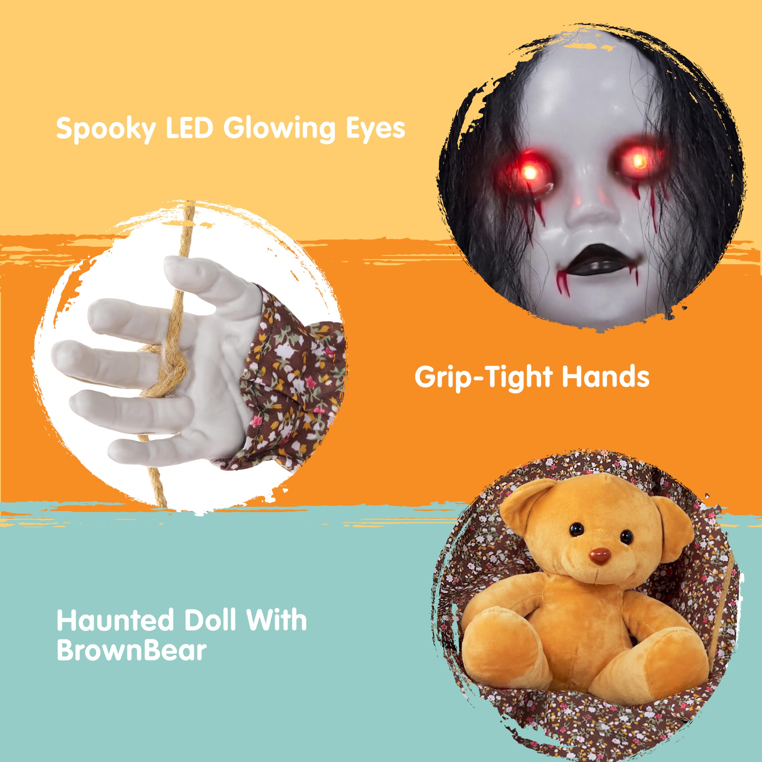 JOYIN Gruselige Halloween-Dekoration für draußen: Hängendes, schwingendes Mädchen, geräuschaktivierter Sensor, leuchtende Augen und gruseliger Gesichtsausdruck, hängende