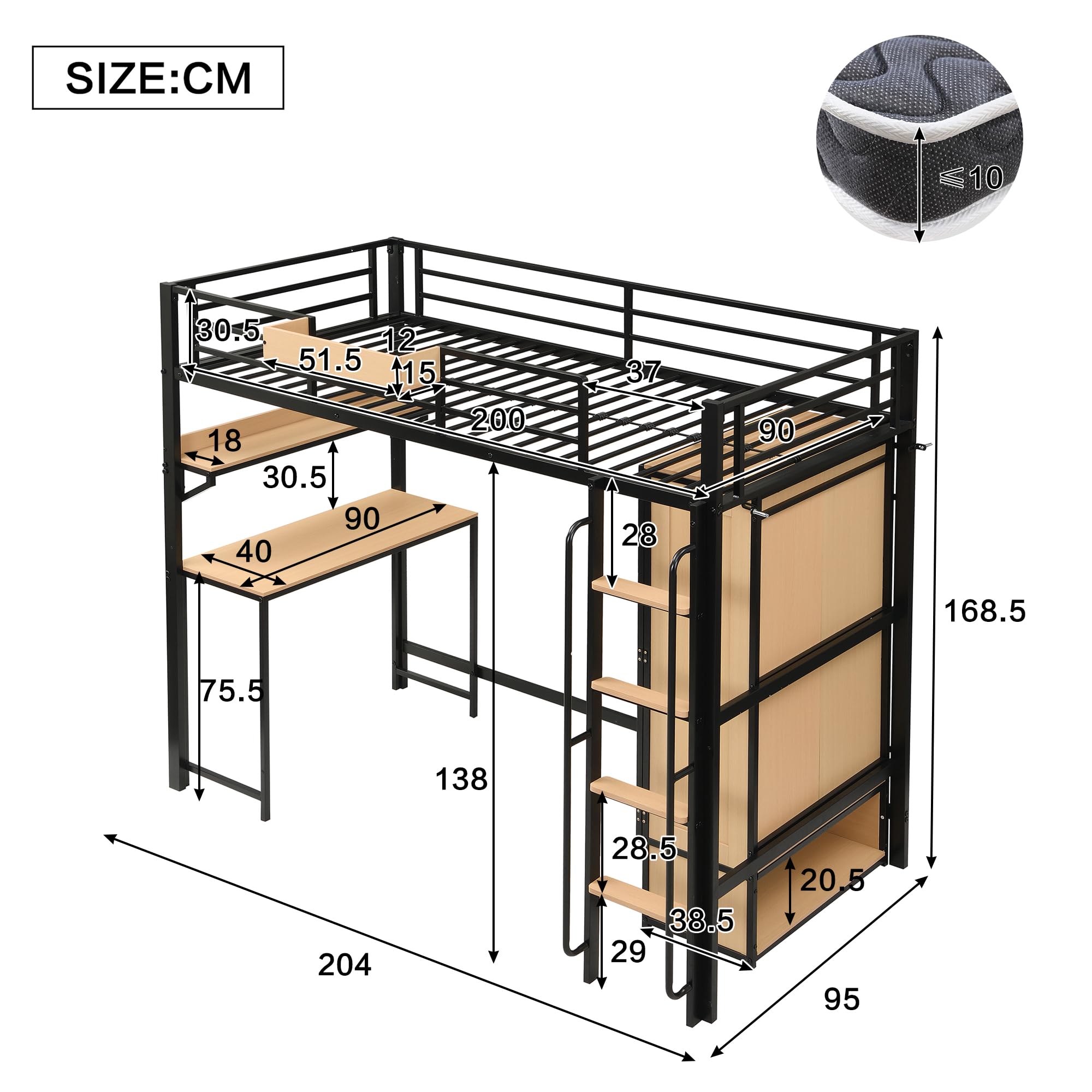 Łóżko piętrowe 90 x 200 cm, żelazne łóżko z szafą na ubrania z podwójnymi drzwiami i biurkiem – łóżko dziecięce ze schodami i poręczami, regał do przechowywania, półki do przechowywania, czarne i