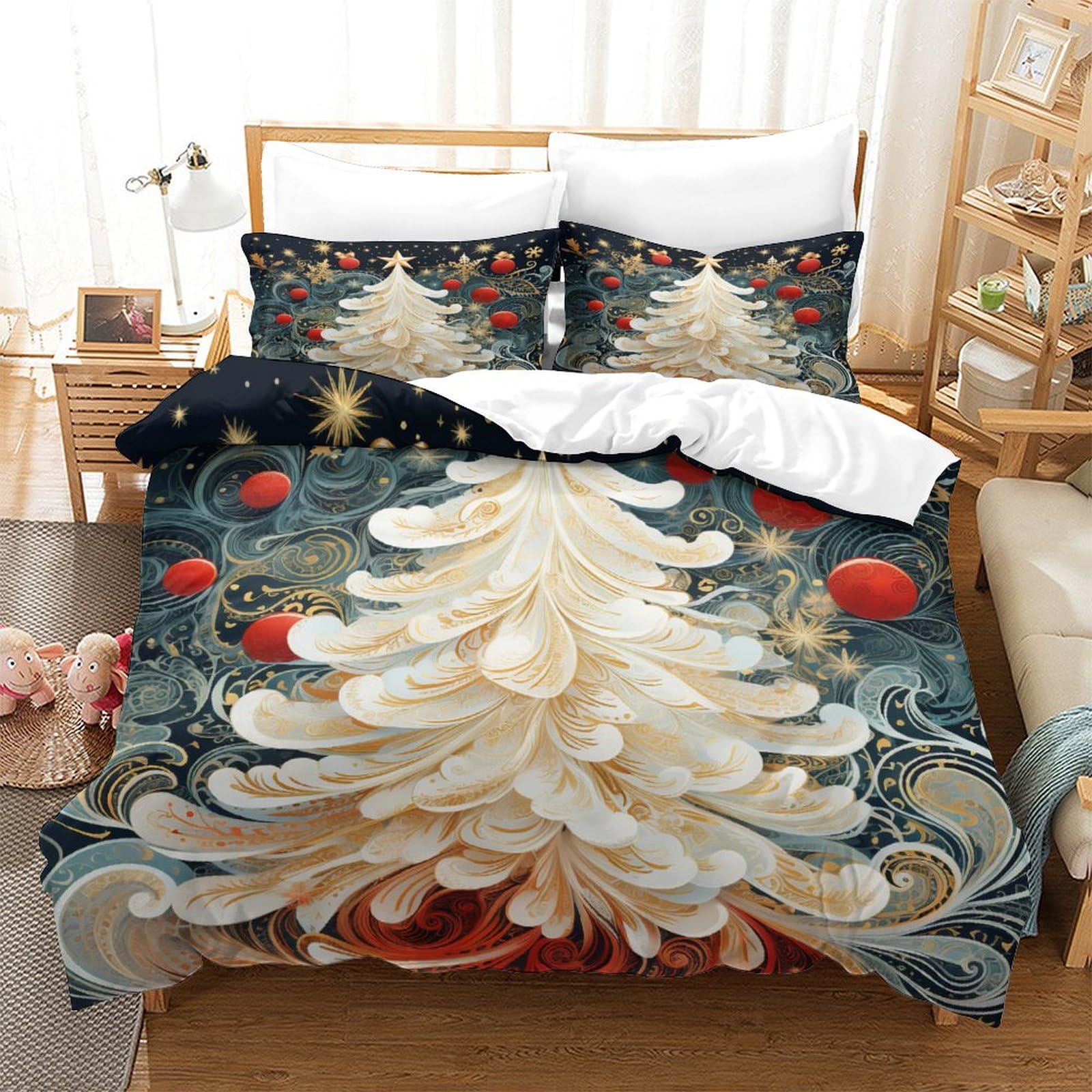 Parure de lit 3 pièces sapin de Noël microfobre 260x220 avec housse de couette et taies