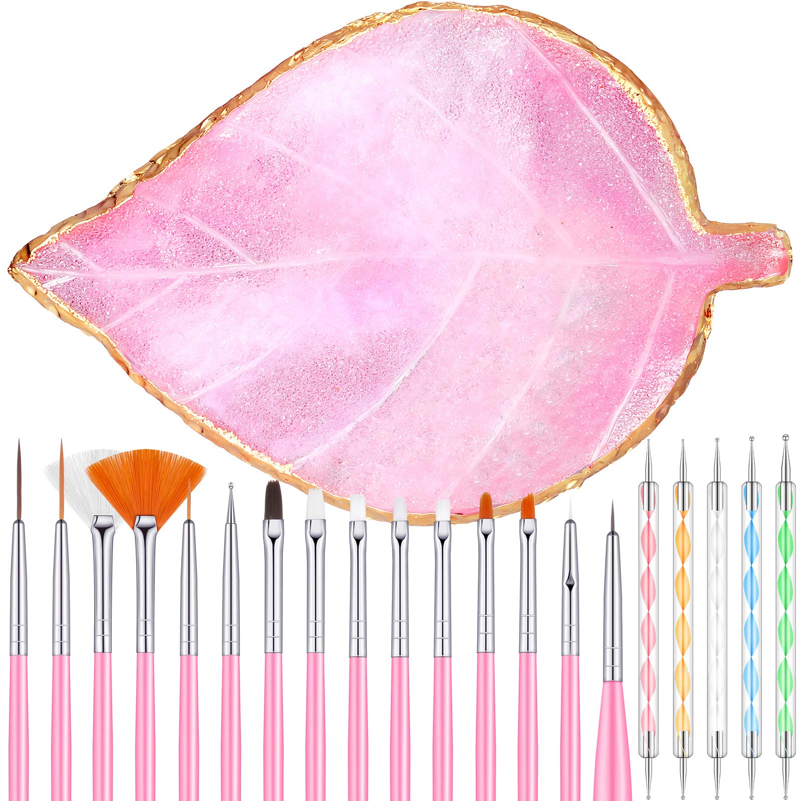 21 Pieces Nail Art Tools Kit, Resin Nail Art Palette Leaf Shape Mixing Palette and 20 Pcs Detail Brushes with Golden Edge Resin Holder Gel Polish