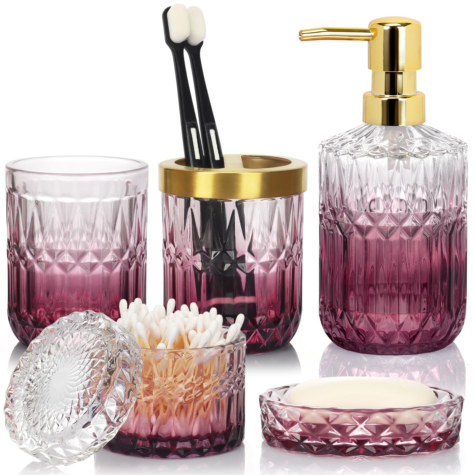Ulable Bathroom Accessories Set, 5Pcs Bathroom Soap Dispenser Set, Glass Bathroom Accessories with Glass Soap Dispenser, Soap Dish, Toothbrush Holder, Tumbler, Cotton Swab Jar (Clear & Red) — image 1