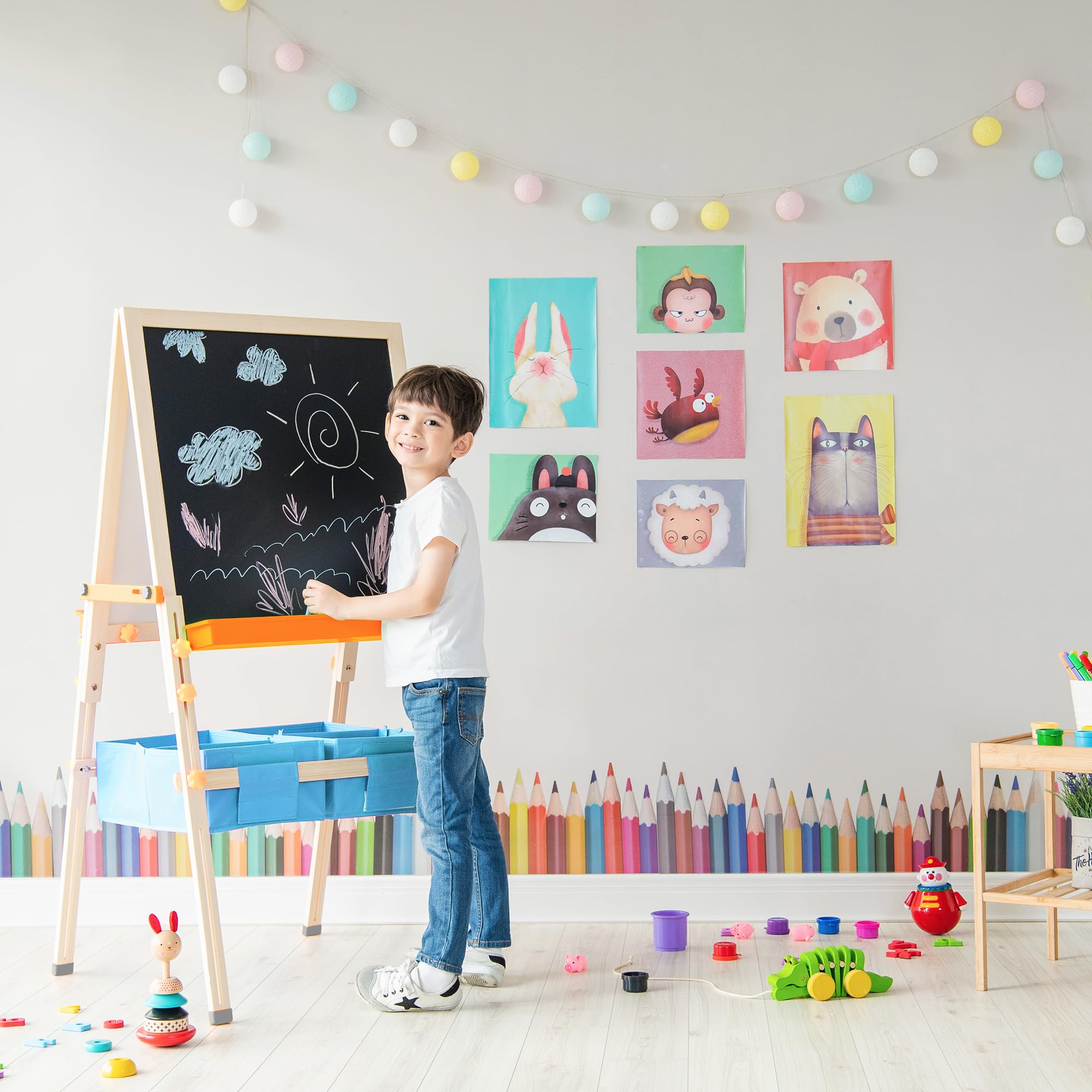 Teamson Kids Tableau évolutif chevalet Enfant en Bois Multifonction 3 en 1 avec Rangement Bleu Fille garçon Mixte TK-FB028G