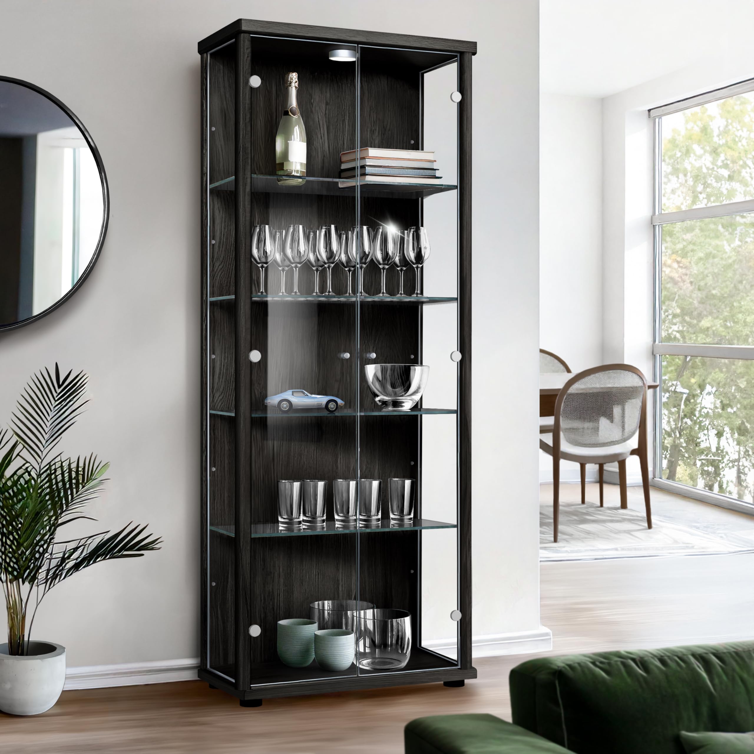 Vetrina in vetro nero (176x67x33 cm) con 4 ripiani in vetro regolabili in altezza e LED - Vetrina nera per automodelli - Vetrina nera - Vetrina da collezione