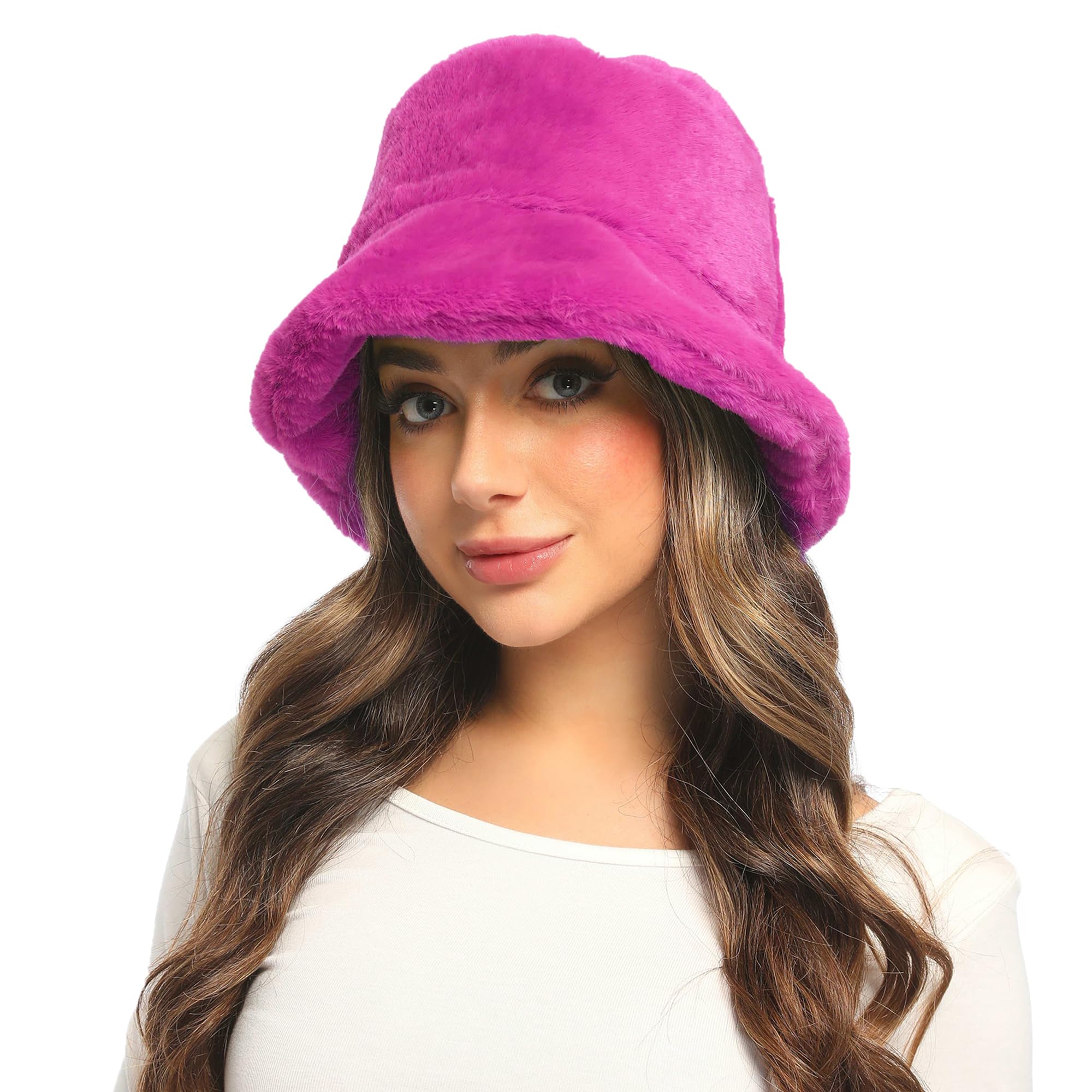 Umeepar Winter Faux Fur Fuzzy Bucket Hat Fluffy Warm Hat for Women Men