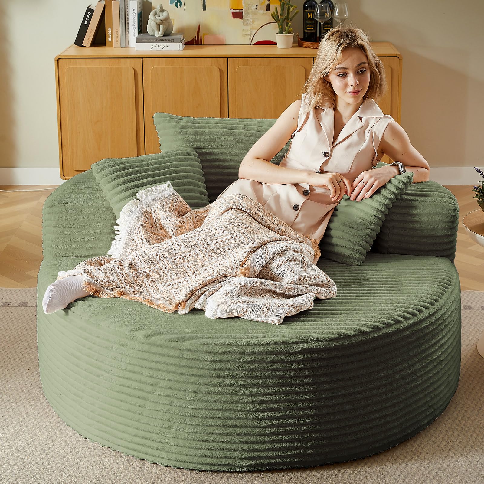 55''L Oversized Round Chaise Longue Chair Indoor, Corduroy Sponge Single Sofa, Oversized Round Chairs, Modern Sleeper Chair for Living Room,Projection Room, Wide Armrest Chairs Green