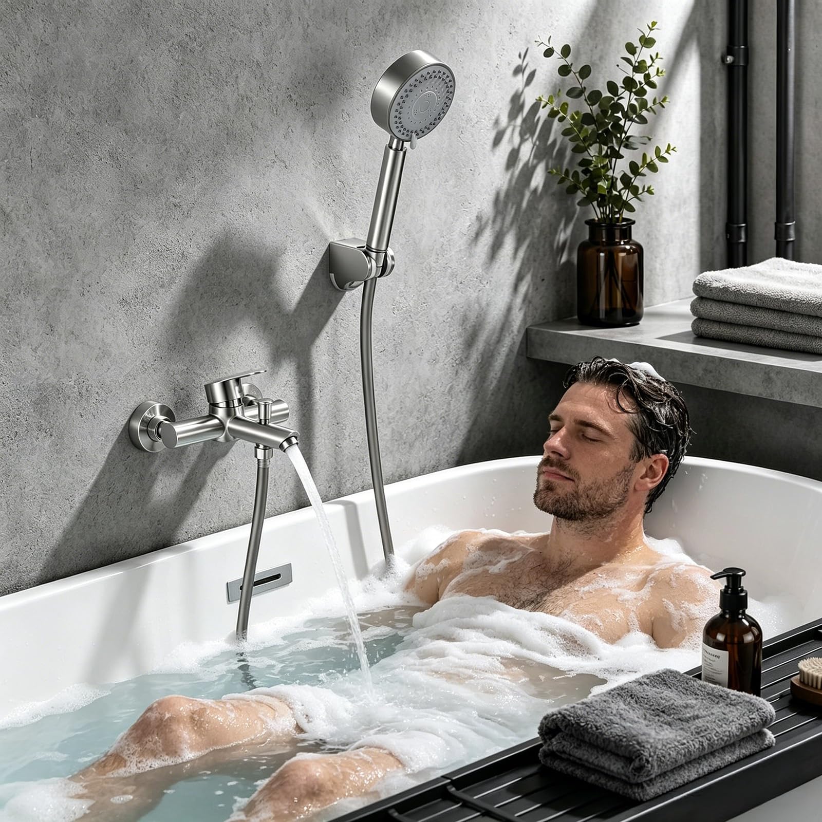 HOMELODY Grifo de bañera con ducha de mano cepillado,Grifo mezclador bañera montaje en pared
