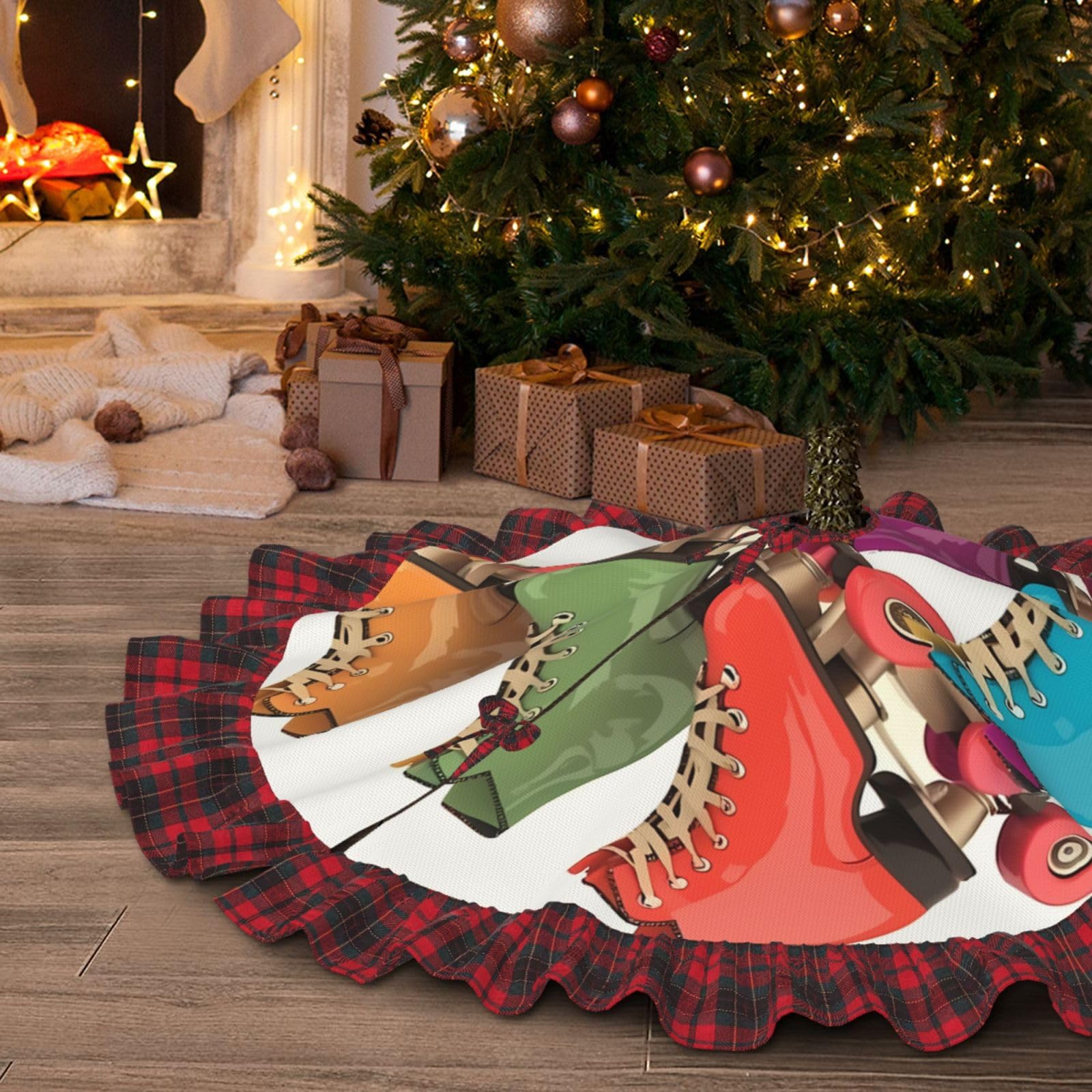 Jupe de sapin de Noël 122 cm tapis imperméable à carreaux et dentelle retro