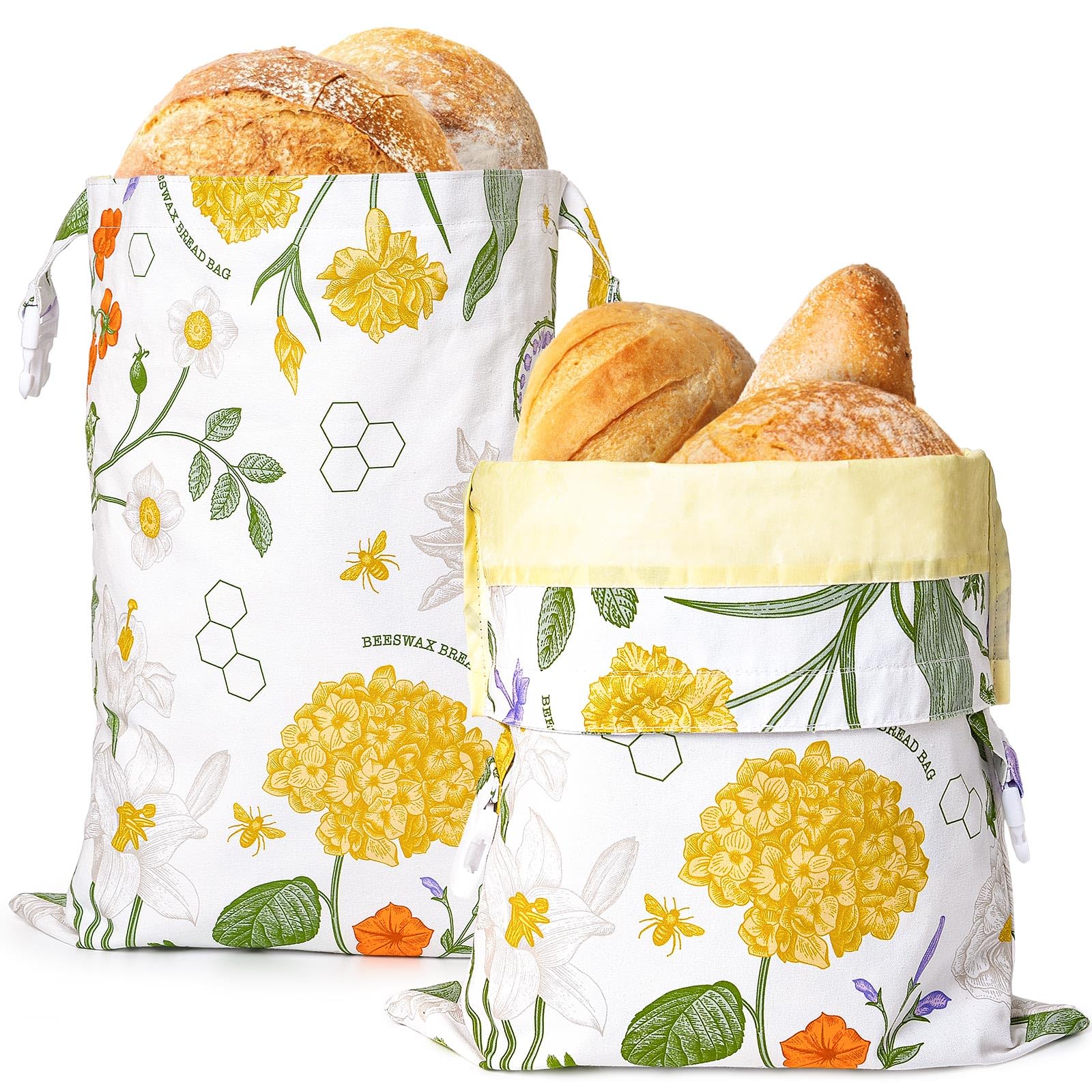 Paquete de 2 bolsas grandes de cera de abeja para masa madre y pan casero, bolsas de almacenamiento de alimentos de algodón reutilizables para mantener fresco, bolsas de congelador