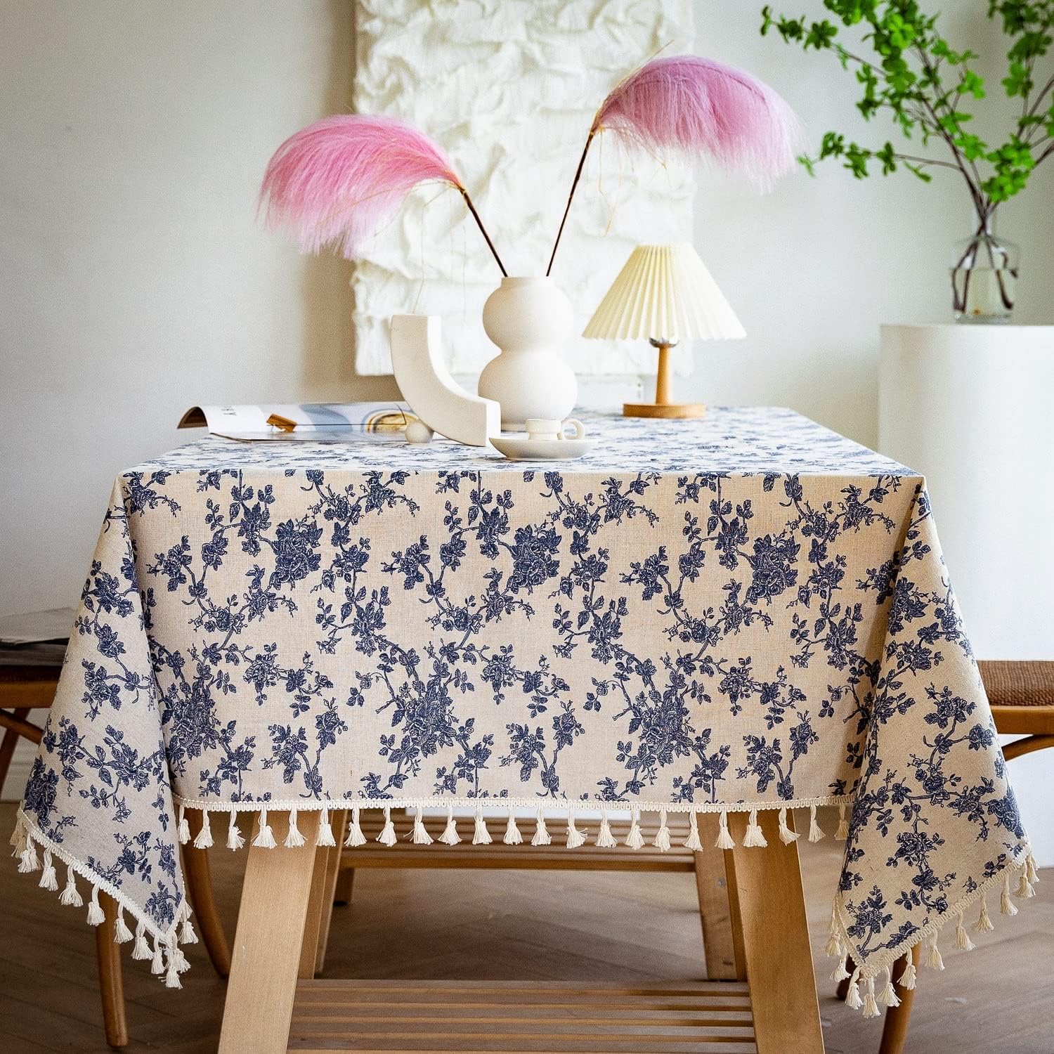 YUURAINVUVU French Vintage Blue Rose Floral Cotton Linen Fabric, Stitching Tassel Rectangle Tablecloth for Kitchen | Dining | Tabletop | Decoration | Tea Party | Farmhouse (55x86 Inches)