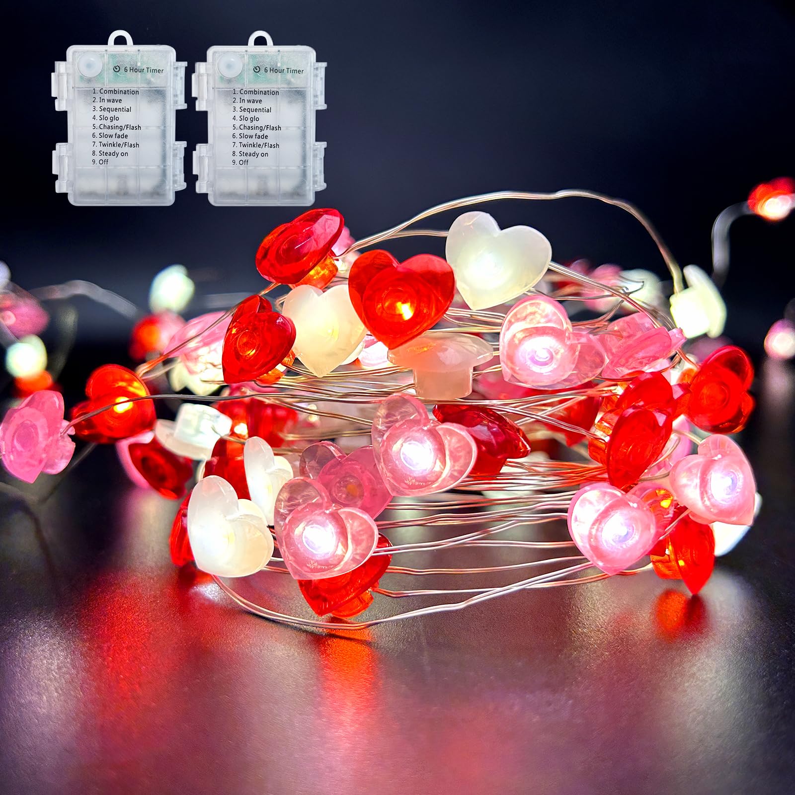 Paquete de 2 luces decorativas para el día de San Valentín, 2 unidades en total de 28 pies, 80 luces LED, color rojo, rosa, blanco, corazón, funciona con pilas, temporizador, 8 modos para dormitorio