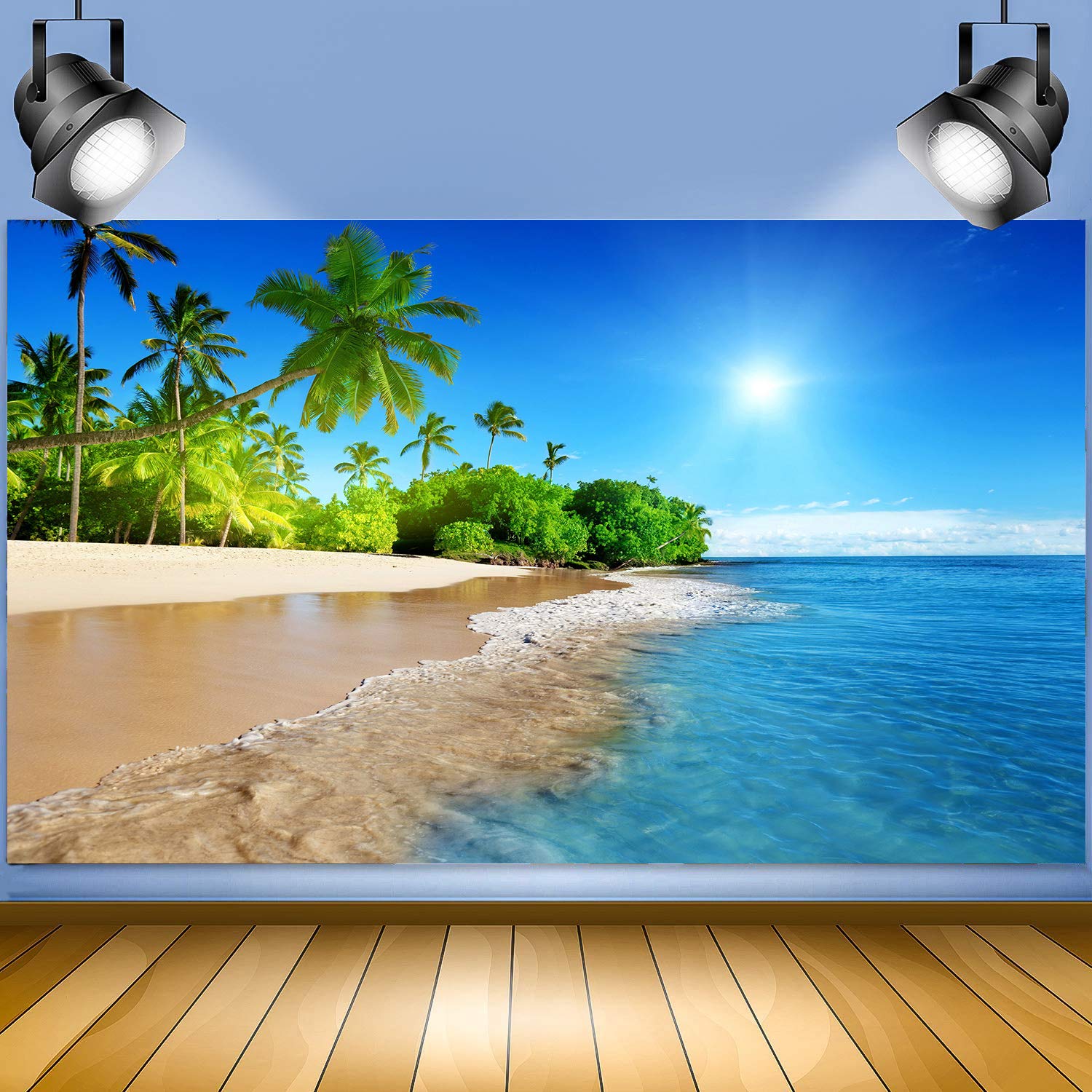 Loccor 6x4ft Fabric Cartoon Beach Backdrop Tropical Palm Tree Ocean Coastal Scenery Photography Background Beach Birthday Party Decorations Baby Children Portrait Photo Booth Shooting Studio Props