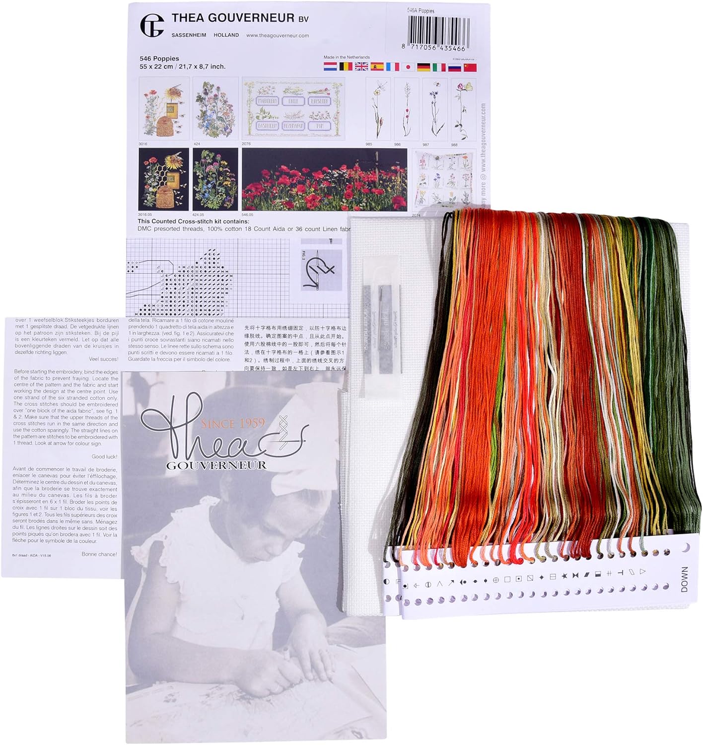 Thea Gouverneur - Counted Cross Stitch Kit - Poppies - Aida - 18 Count - Embroidery Kit for Adults - DMC Embroidery Threads and Other Cross Stitch Supplies Included - 546A