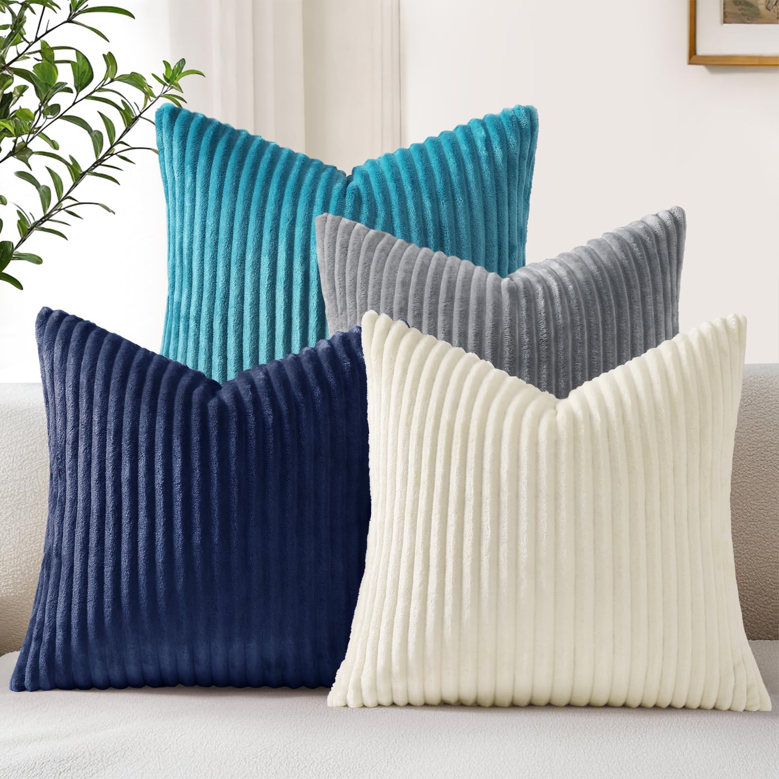 decorUhome フランネルクッションカバー 4枚セット 16x16インチ 秋の装飾 ソフト 両面 ふわふわ カウチピローカバー、ファームハウス ニュートラルピローケース ソファ リビングルーム用 (ティール/グレー)