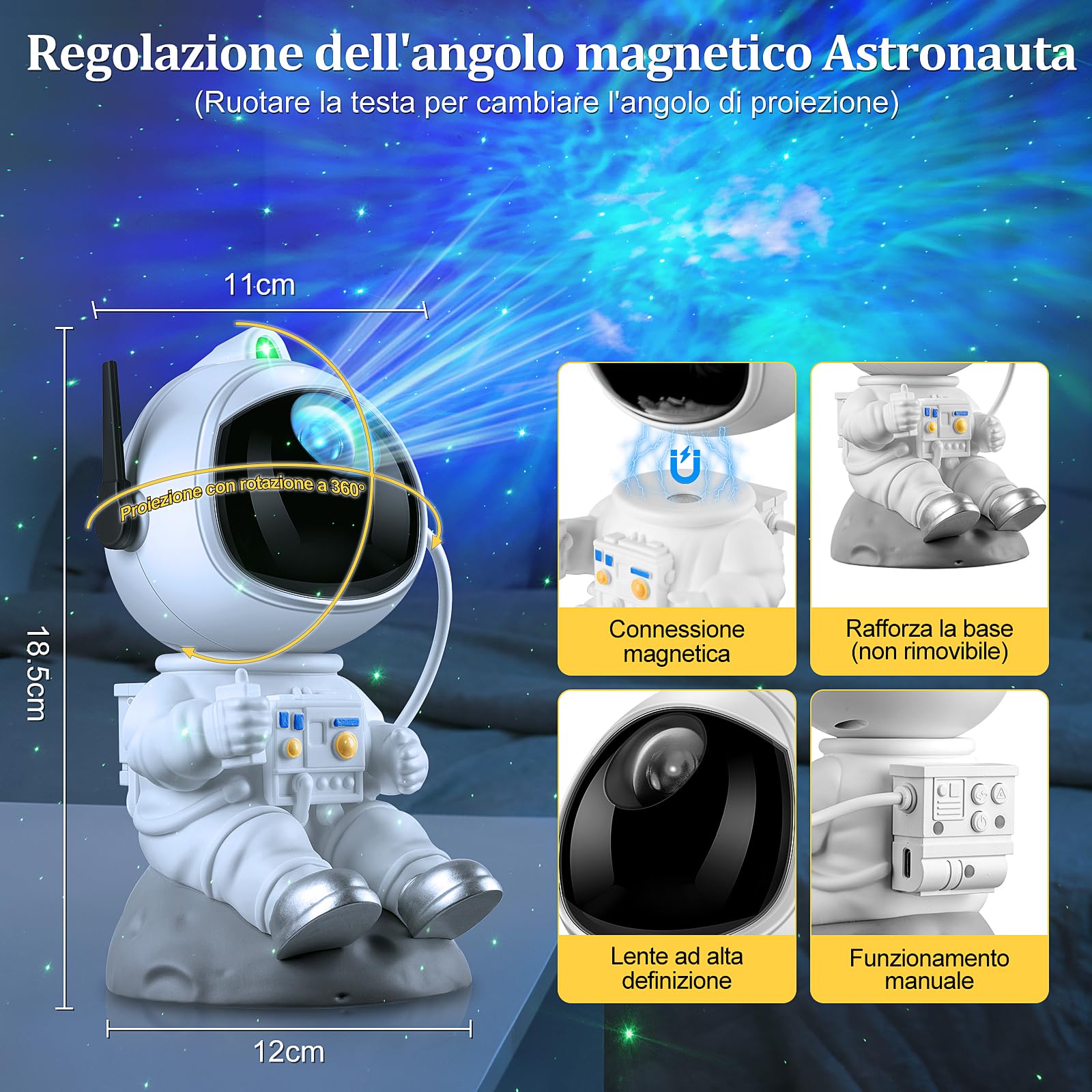 Astronauta Proiettore Stelle Soffitto Galassia, 8 Modalità Luce Cameretta Lampada, 360° Regolabile Luminosità Velocità Cielo Projector Telecomando, Planetario Proiezione Regalo per Bambini e Adulti
