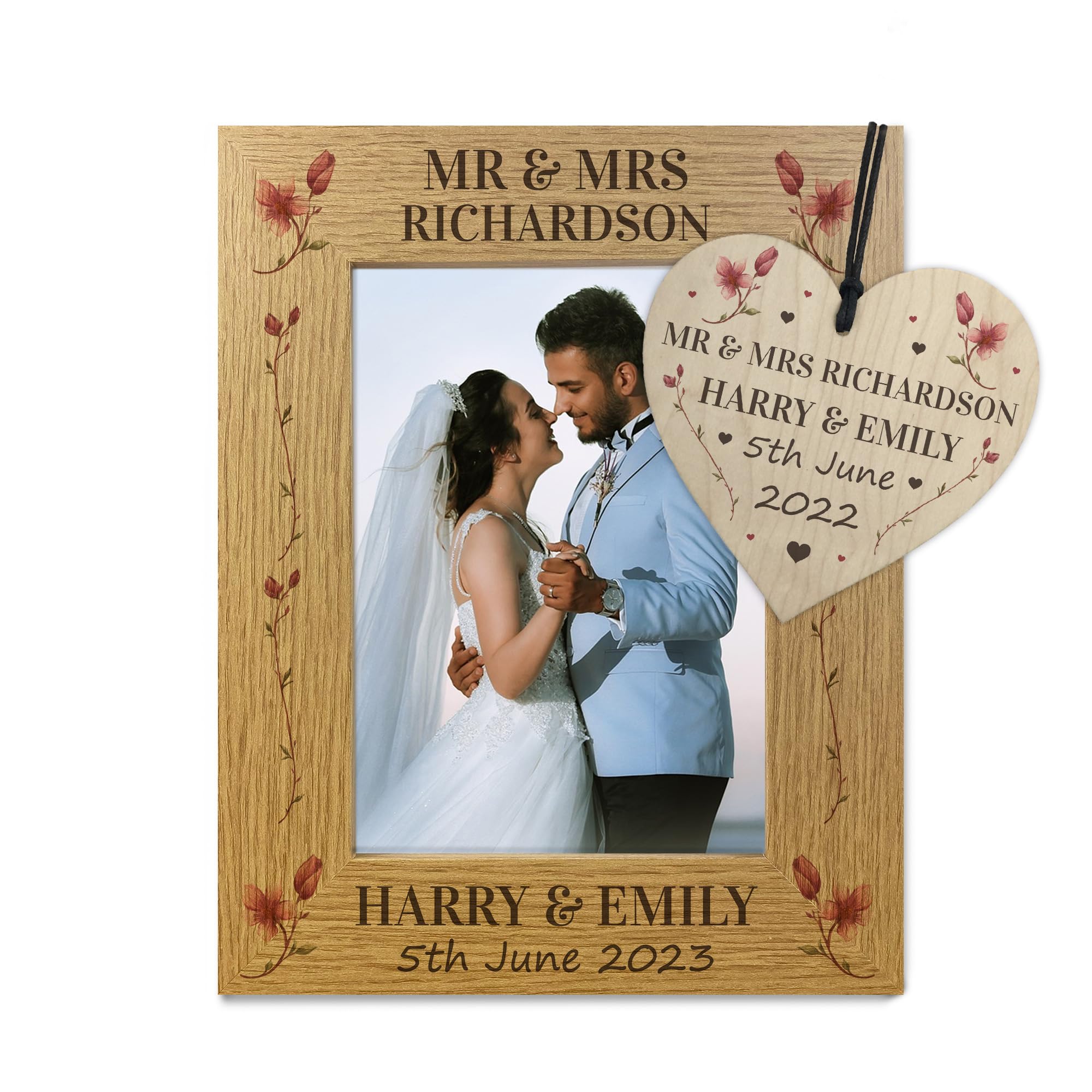 RED OCEAN Wedding Gift - Wooden Wedding Day Personalised 7x5 Photo Frame With Heart Plaque, Mr and Mrs Wedding Gift For Bride and Groom, Wedding Anniversary