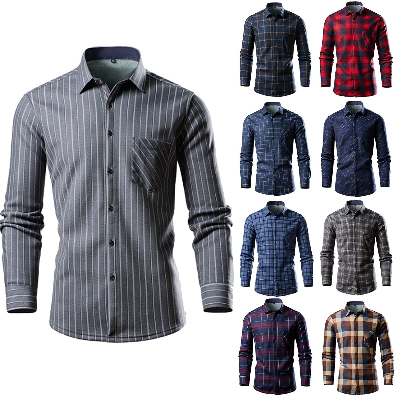 Generisch Camicia da lavoro da uomo, slim fit, per il tempo libero, con stampa a righe, oversize, a maniche lunghe, con tasca sul petto, con colletto rovesciato, per tutti i giorni, casual, oversize