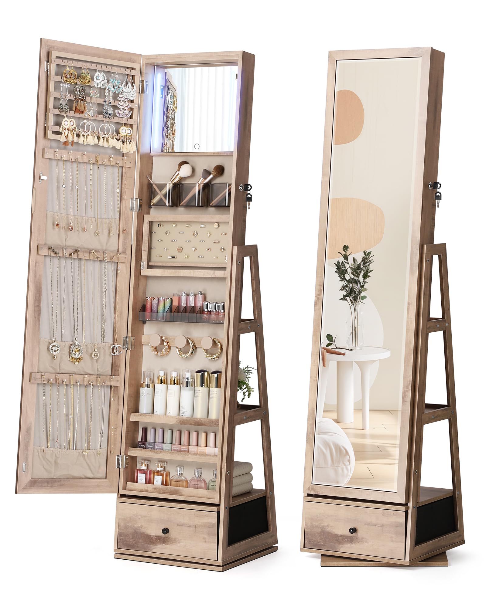 NicetreeNicetree 360° Swivel Jewelry Cabinet with Lights, Touch Screen Vanity Mirror, Rotatable Full Length Mirror with Jewelry Storage, Standing Jewelry Armoire Organizer, Foldable Makeup Shelf, Toasted Oak