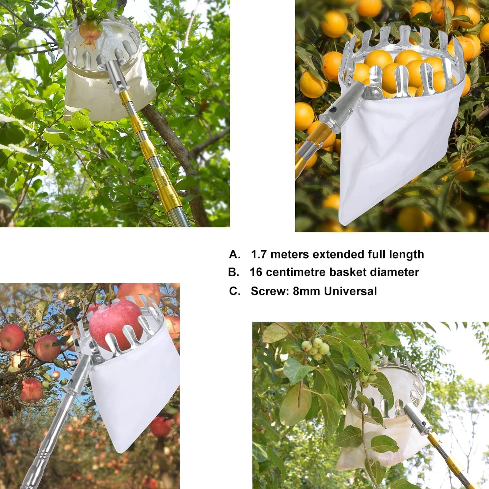 23ft, Apfelpflücker Mit Teleskopstiel, Apfelpflücker, Obstpflückausrüstung Beerenpflücker Mit Obst Aufbewahrungstasche Für Apfel Orange Zitrone