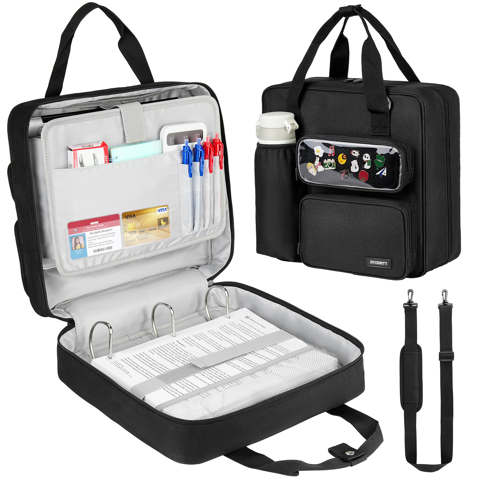 Carpeta con cremallera de 3 anillos con ventana ITA, capacidad de 500 hojas, carpeta de 2 pulgadas con correa para el hombro para laptop de 13 pulgadas para la escuela y la oficina, color negro