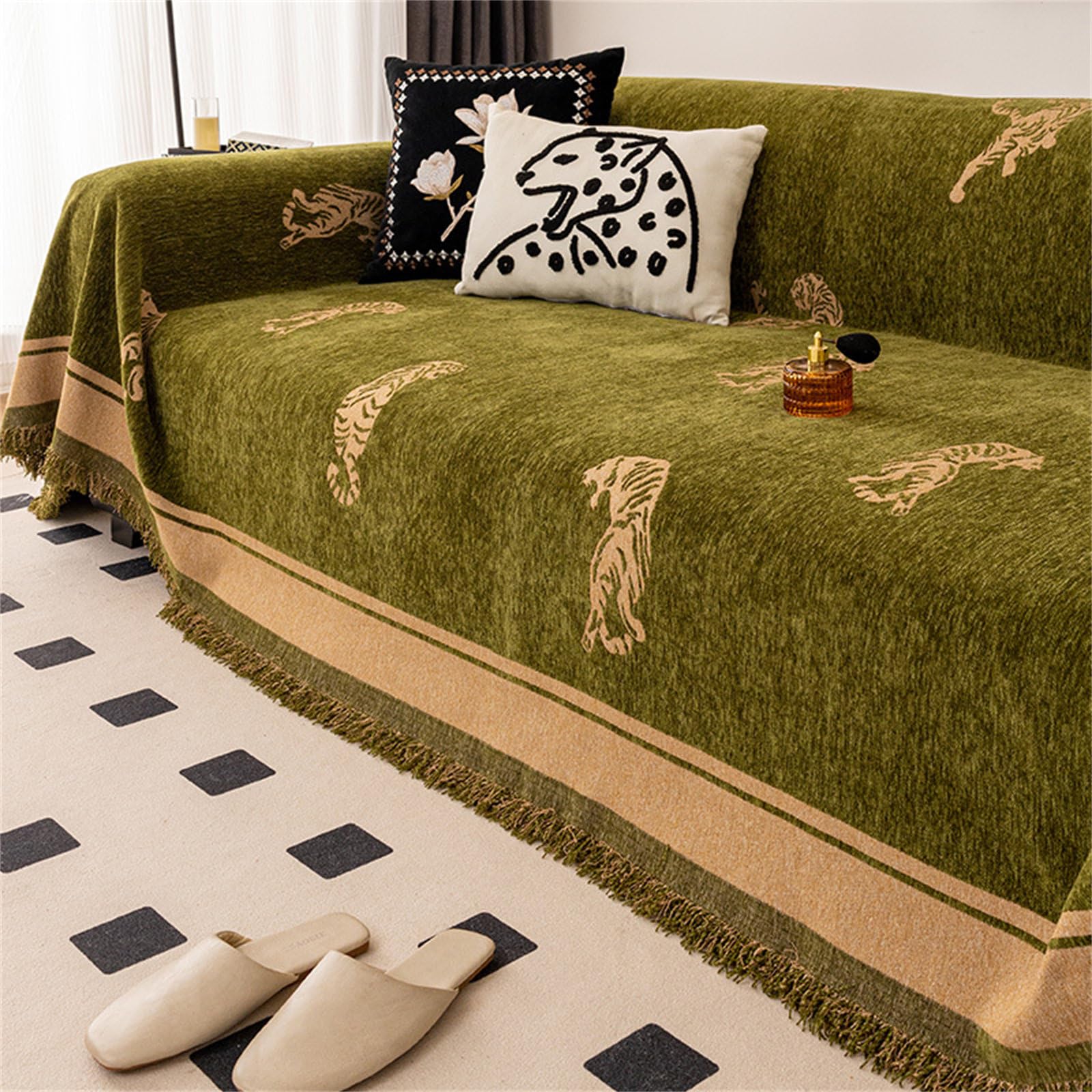 Highdi Telo Copridivano Tigre di Lusso, Copri Divano in Ciniglia con Frange Decorative, Copridivano AntiGraffio Gatto Protezione per Mobili e Divano,Copridivani 3 Posti e 2 Posti (180x300cm,Verde)
